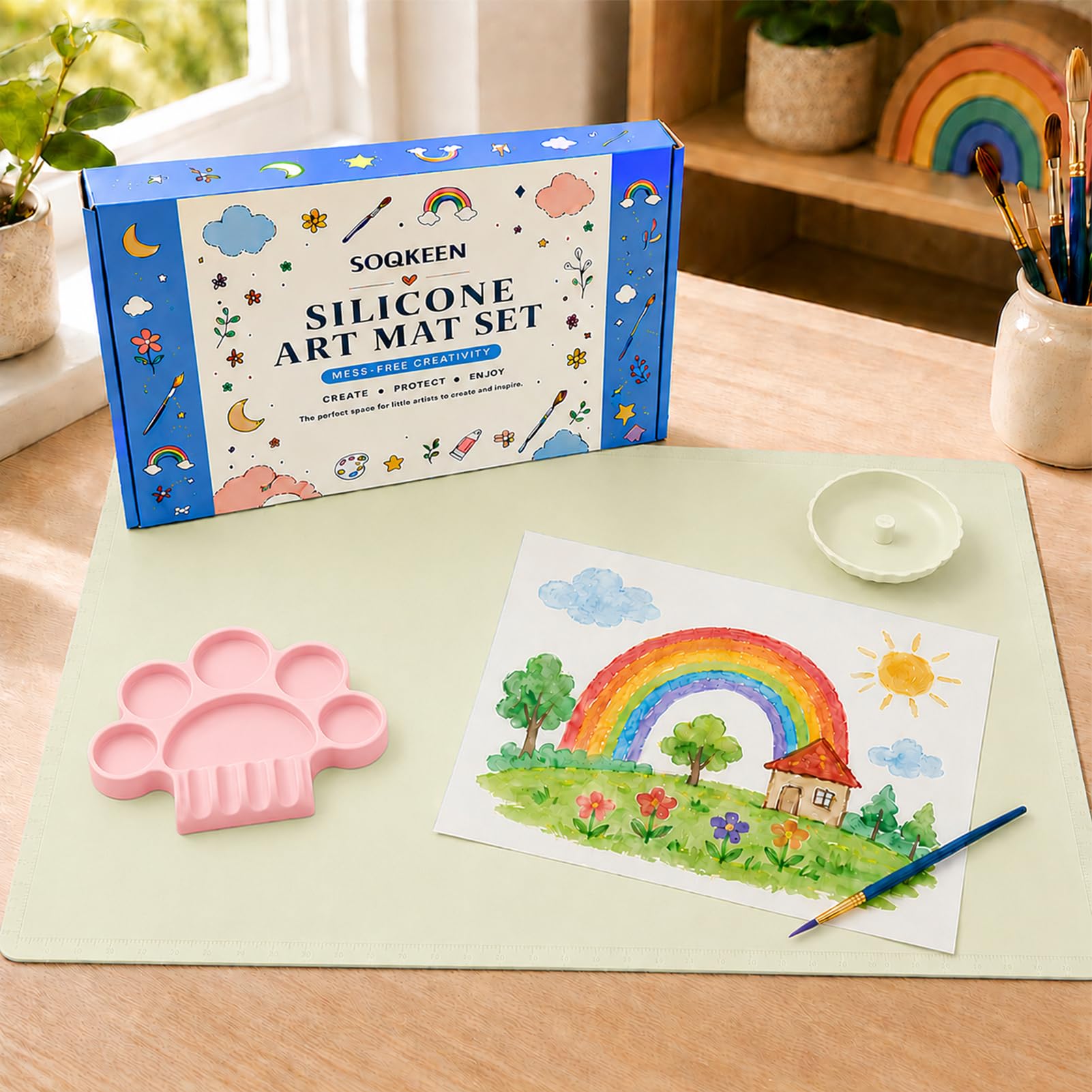 SOQKEEN Silicone Painting Mat Set with Palette & Brush Cup, Pink/Beige