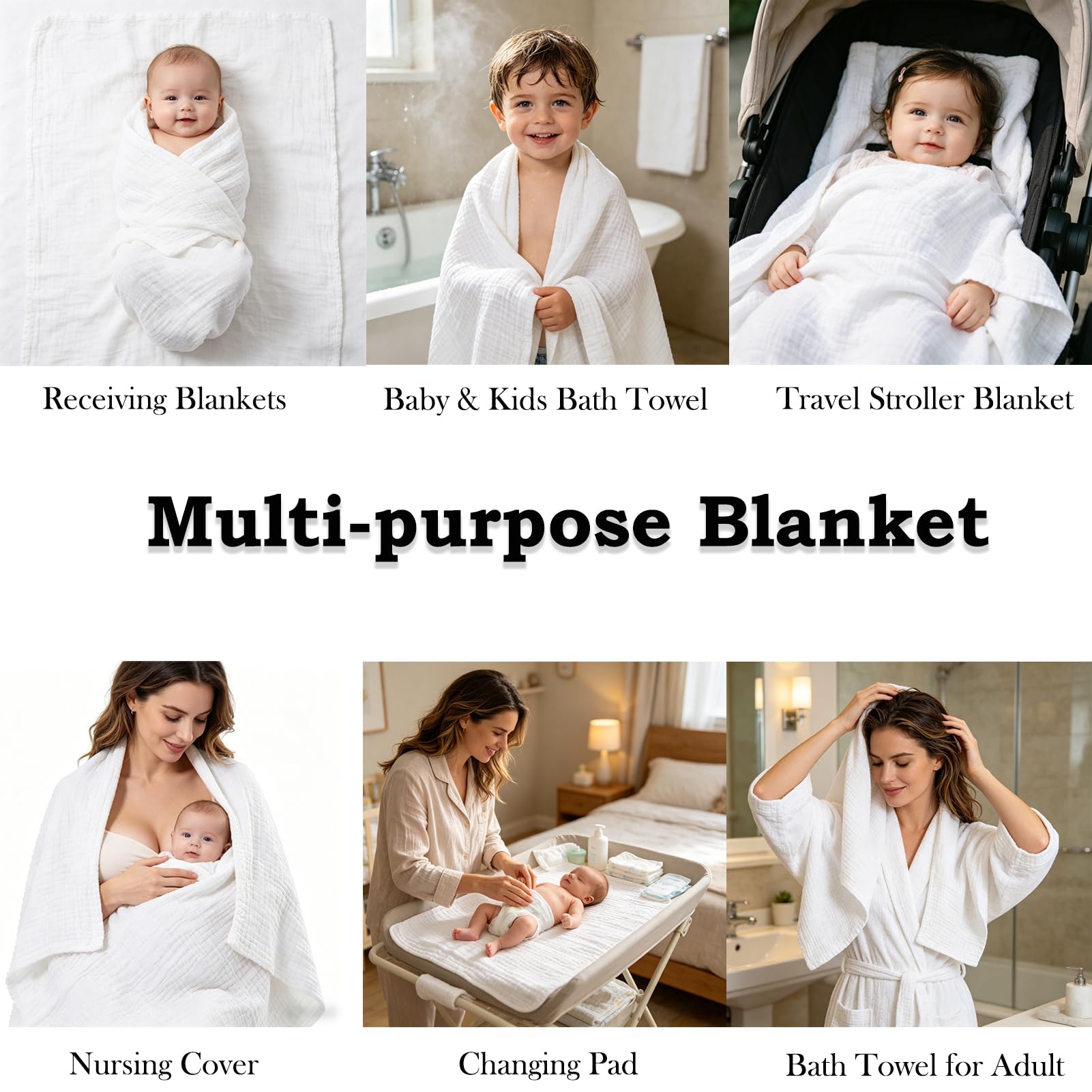 Aablexema Toallas de baño de Muselina para bebé, Juego de 2 Mantas de tamaño Grande de 43 x 43 Pulgadas para recién Nacidos, niños y niñas, adecuadas para la Delicada Piel del bebé (Blanco)