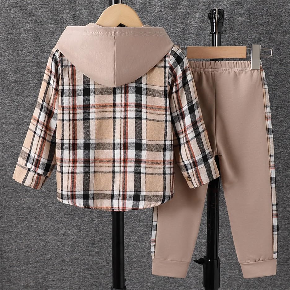 Image of OLMRJKD Toddler Baby Boy Clothes Plaid Long Sleeve Hoodie Sweatshirt + Pants 2pcs Boys Outfit Set