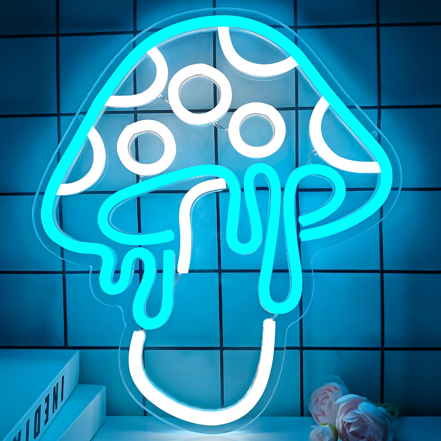 Mushroom Neon Sign Dimmable Led Light Cute Mushroom Night Light 3d Wall Art Signs For Wall Game Room Bedroom Decor Holiday Gift For Children Kids Girl (Ice Blue)