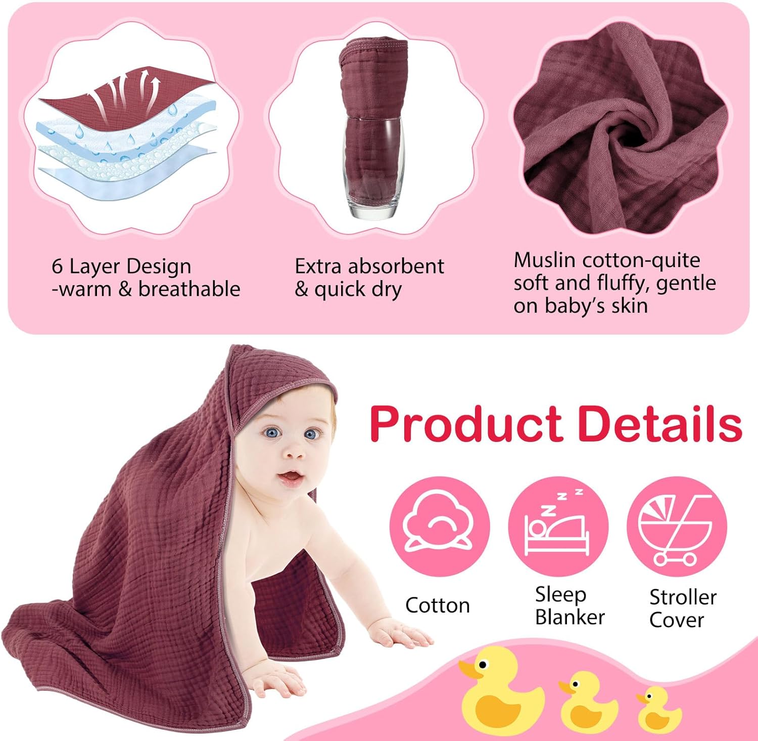 Peryiter 6 Pcs Muslin Hooded Baby Towels, 32"x 32" Cotton Newborn Bath Towel Muslin Infant Baby Blankets Absorbent Unisex Newborn Registry Gift Essentials for Girls Boys (Red) - Image 3