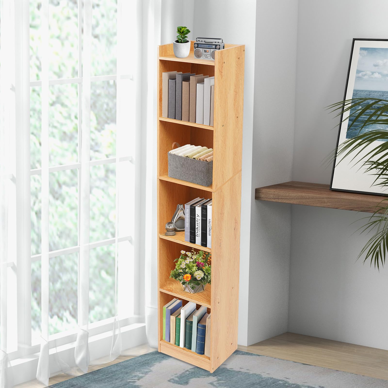 Bücherregal mit 5 Fächern, Standregal Weiß, Würfelregal, freistehendes Regal, Büroregal Aktenregal aus Holzwerkstoff, 30 * 24 * 152cm (Eiche)