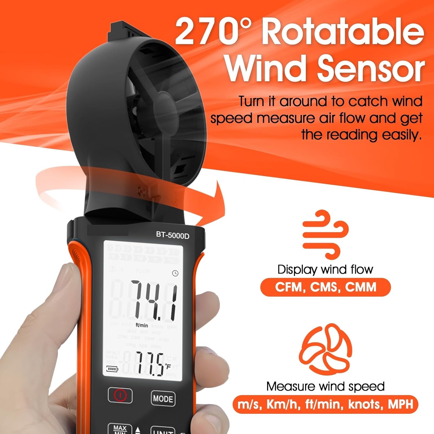 Handheld Anemometer,CFM Wind Speed Meter,HVAC Rotatable Wind Air Flow Velocity Wind Volume,Rechargeable Gauge,BT-5000D
