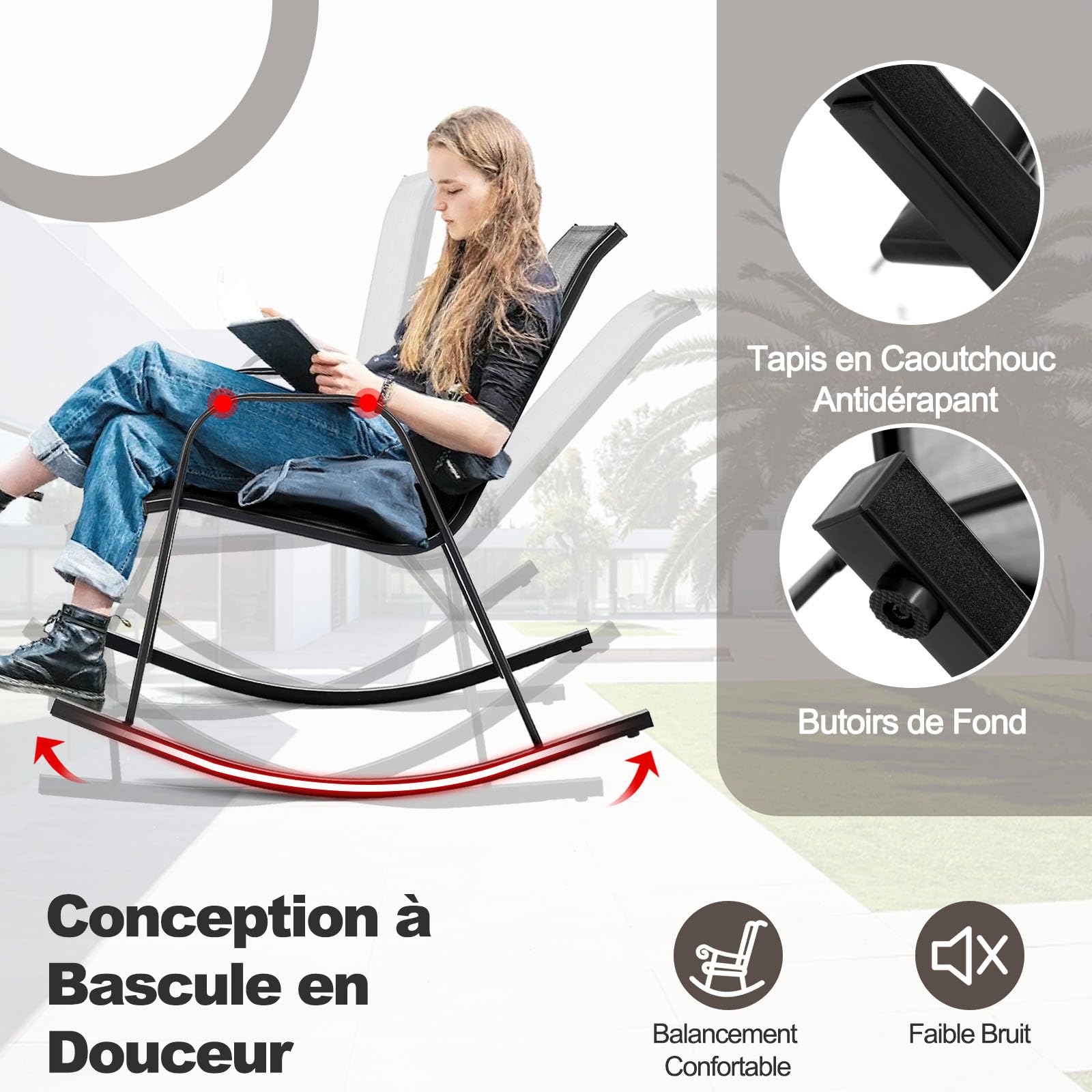 GOPLUS Lot de 2 Fauteuil Jardin Exterieur à Bascule en Textilène, 62 x 91 x 86 CM, Rocking Chair Cadre Métal avec Dossier Incurvé et Accoudoir Ergonomique, Charge de 150 KG, pour Jardin, Balcon (Gris)
