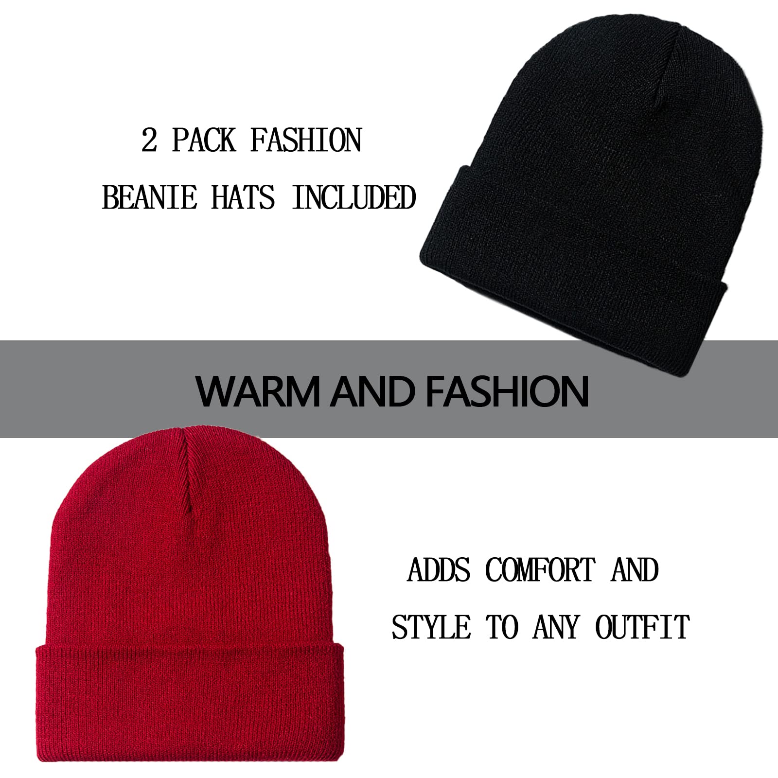 ZOORON Acrylic 1&2 Pack Beanie For Men Women Slouchy Beanie Hats Winter Knit Caps Soft Ski Hat Unisex, Black&Red, One Size