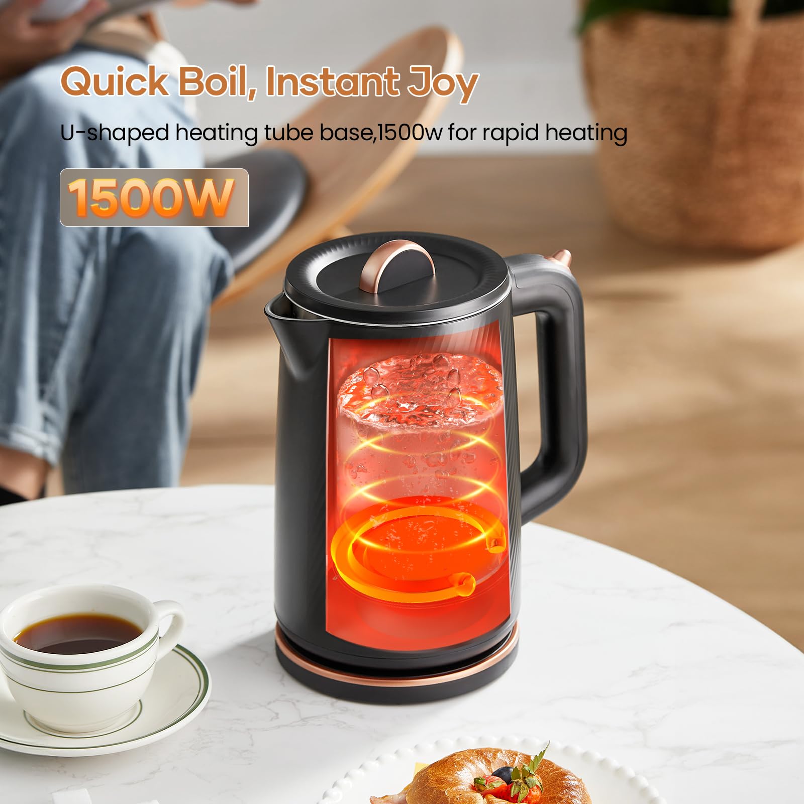 OLEGA Electric Kettle - 1500W Electric Tea Kettle 1.8L Stainless Steel Inner Electric Kettles for Boiling Water Auto Shut Off Boil-Dry Protection Electric Water Kettle for Coffee Tea