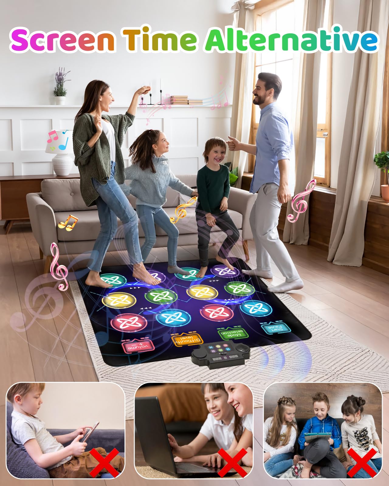 Tapete de baile para niños, almohadilla de baile de 12 botones con luz LED con volumen ajustable, música integrada, modo de 1 jugador y 2 jugadores, 8 modos de desafío y 3 niveles de 8
