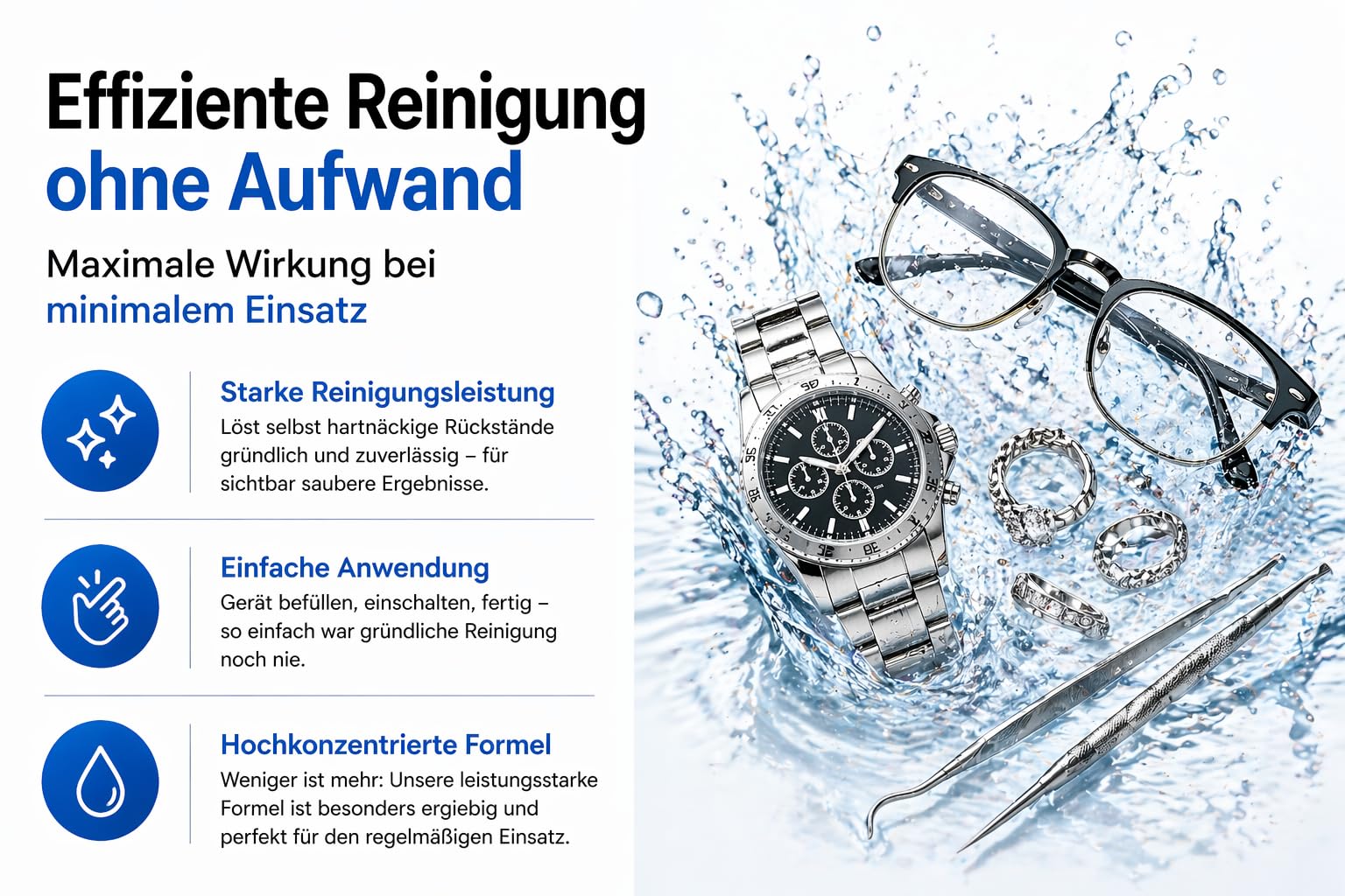 Ultraschallreiniger 2x 1000 ml - KONZENTRAT - Für Brillen, Schmuck, Uhren, Zahnersatz & Kleinteile - Reinigungskonzentrat für Ultraschallgeräte - Materialschonend & Hochwirksam