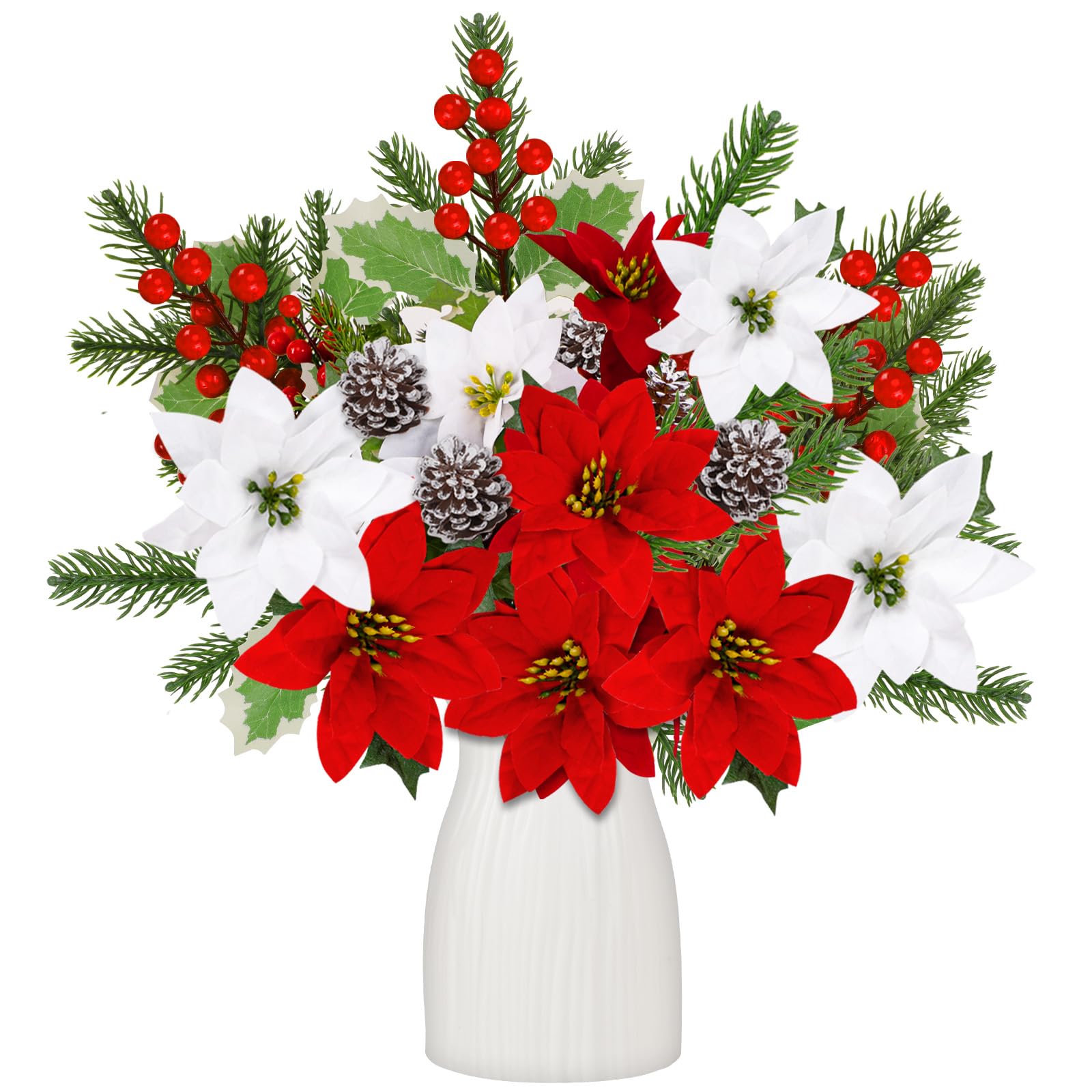 25Pcs Christmas Artificial Flowers Bouquet Centerpiece Decorations Poinsettia Flower Holly Pine Cone Winter Vase Home Wedding Decor