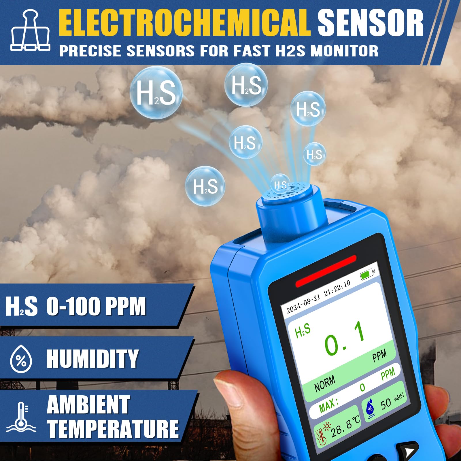 Monitor H2S 0-100PPM, Analizzatore di Gas Solfuro di Idrogeno, Misuratore di Qualità Dell'Aria Ricaricabile per Solfuro di Idrogeno con Tester di Temperatura e Umidità, Blu