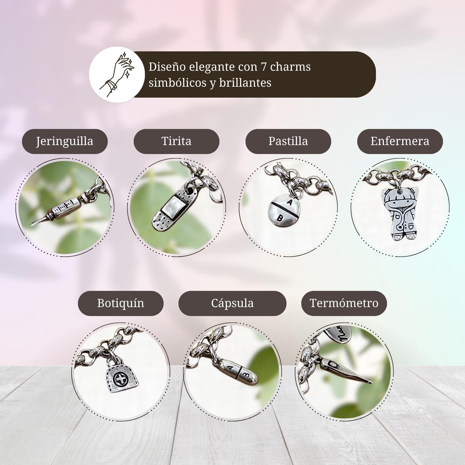 Pulsera enfermera 7 charms regalo para enfermeras y médicos - pulseras personalizadas - con baño de plata - regalo original para enfermera - hecha en España
