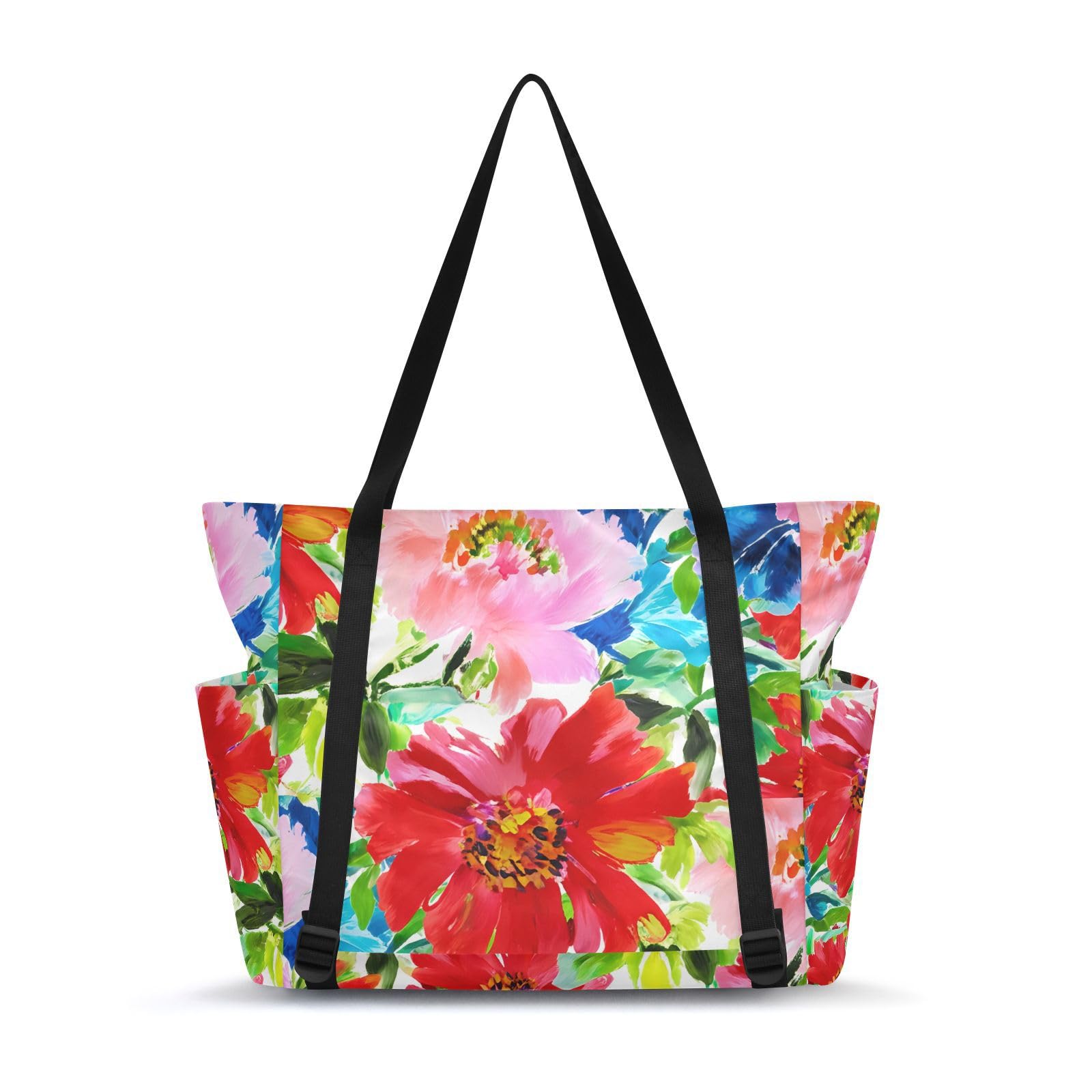 Lxqimora White Flowers Colorful Yoga Mat Bag for Women Water-Resistant Gym Bag with Yoga Mat Holder Tote Bag for Pilates Gym Yoga Travel