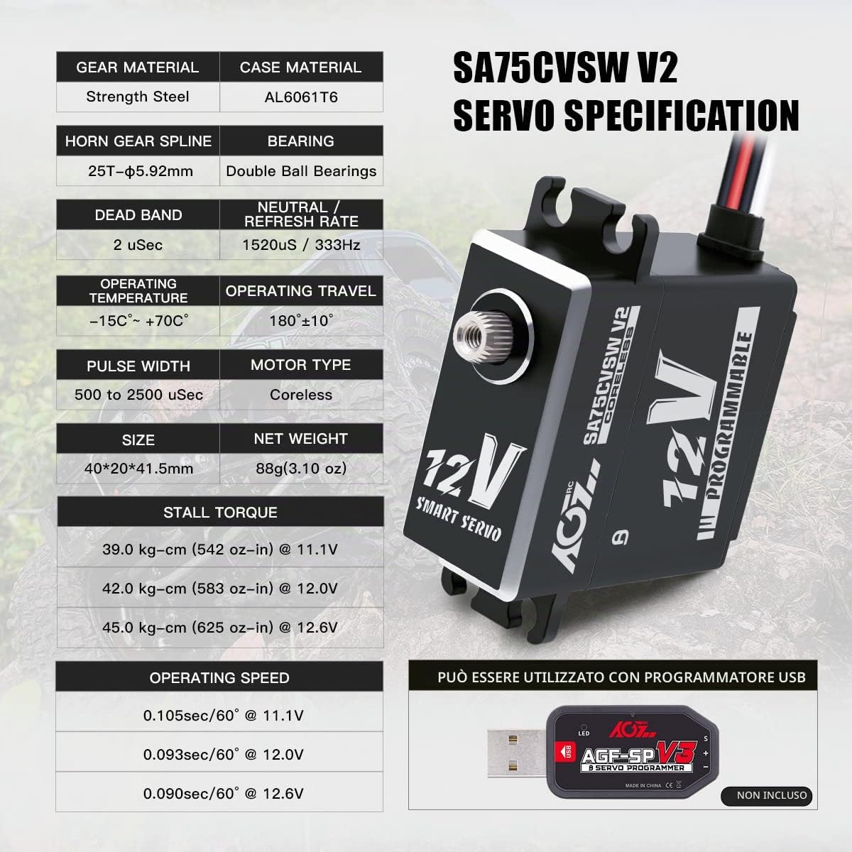 AGFRC 45KG Waterproof Digital Servo High-Torque - Programmable 12V Metal Gear Coreless Servo for 1/8 1/10 RC Models, Control Angle 180° (SA75CVSW V2)