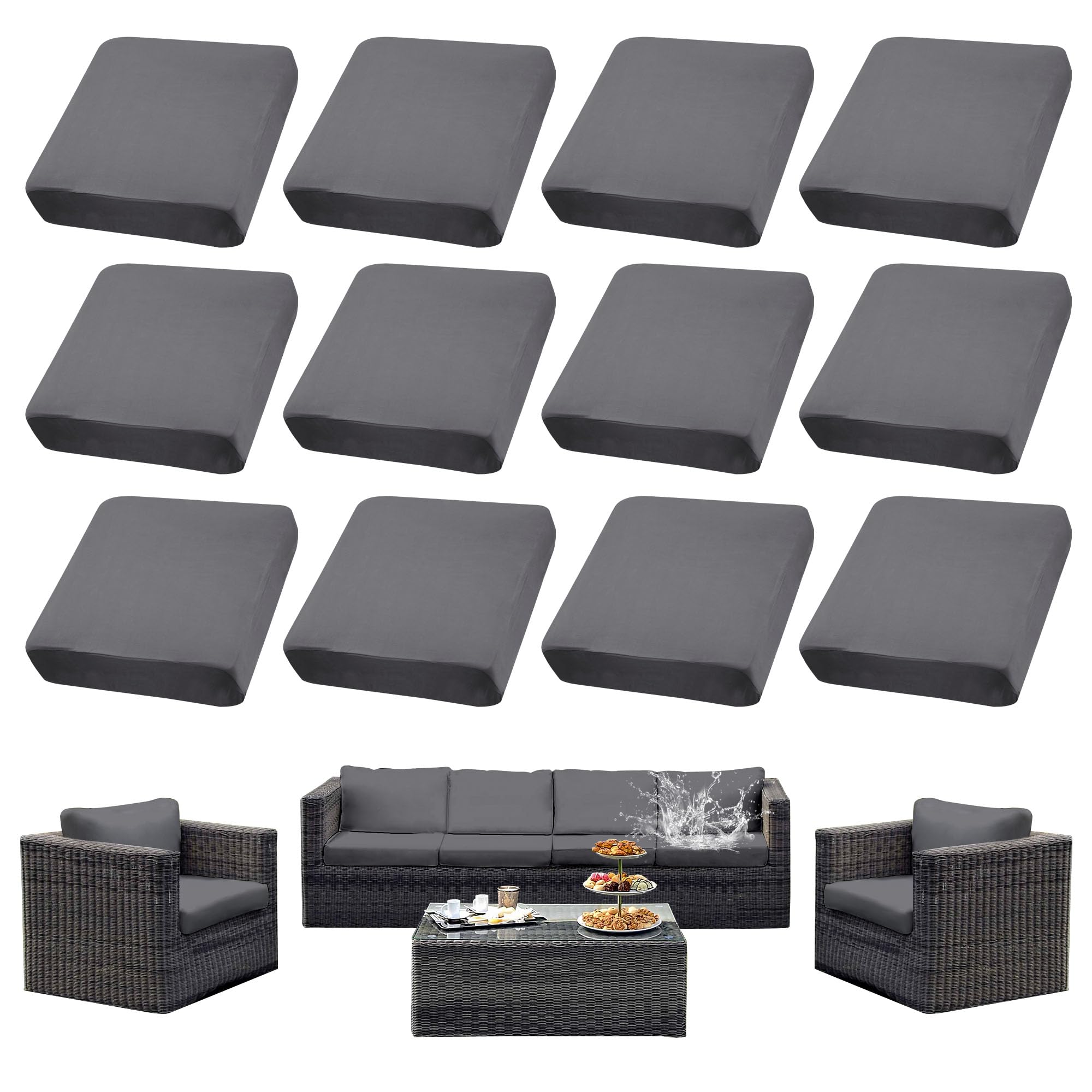 SUKAIKEQA Outdoor Cushion Covers Set,Waterproof Patio Furniture Couch Seat Slipcovers, Replacement for Sofa Sectional Chair(Cover，Only)（12PCS） Grey03