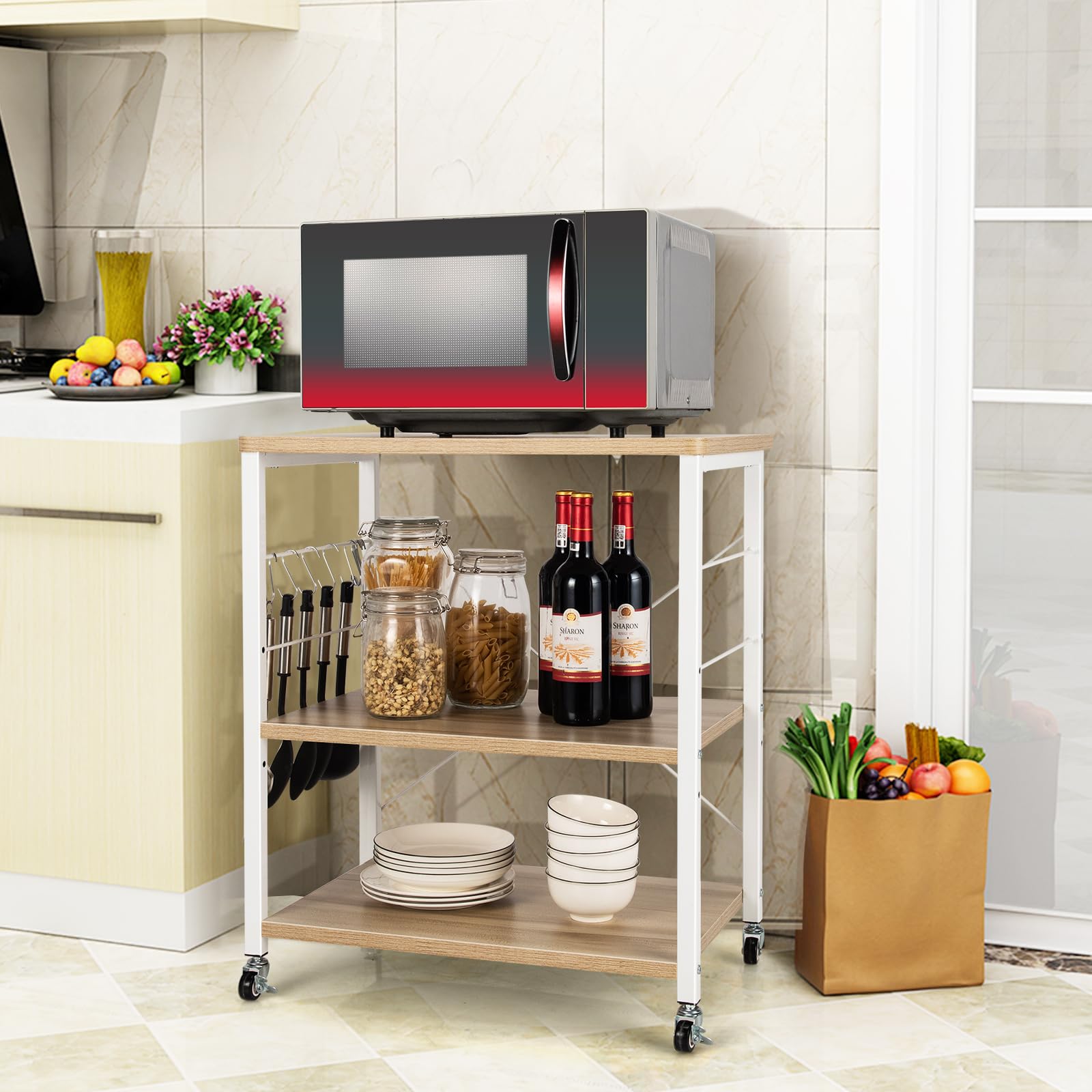 HOMASIS Carrello Porta Stampante a 3 Livelli in Legno, Carrellino con Ruote Portatutto con 10 Ganci, Struttura a X, Ripiani Regolabili 2 Ruote con Freni, Scaffale Multiuso per Ufficio (Beige)