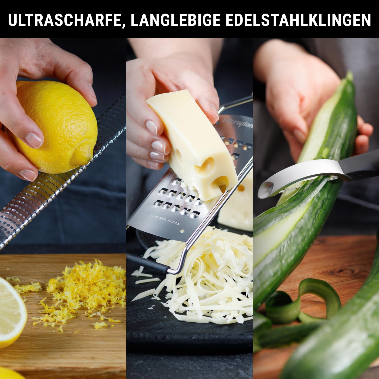 Microplane Gourmet Küchenreibe Set 3-teilig – Premium Zester, Reibe sehr grob & Gemüseschäler | Edelstahl, ultrascharfe Klingen, rutschfester Soft-Touch-Griff, Profi Küchenhelfer