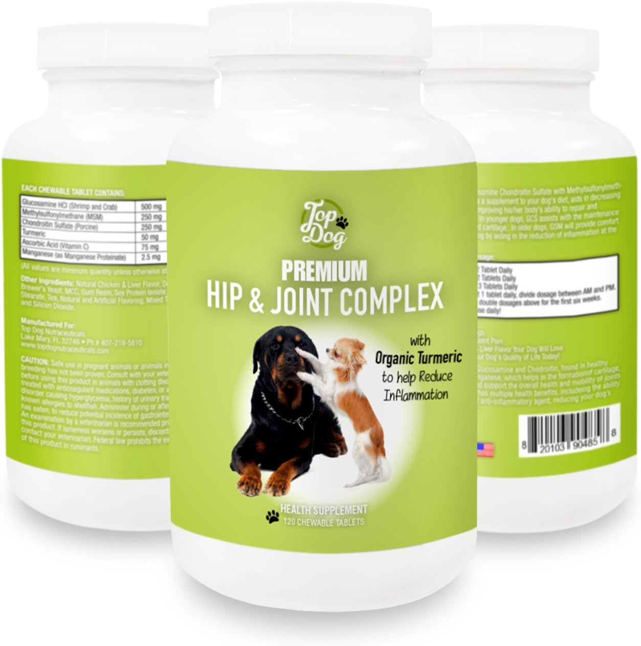 Top Dog Hip and Joint Supplement Includes Chondroitin, Glucosamine, MSM and Turmeric, 120 Chewable Tablets