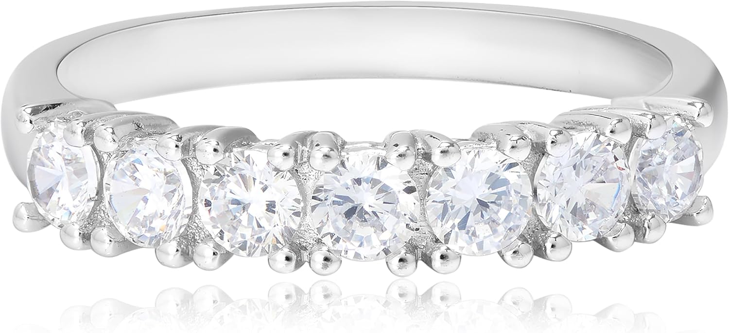 MORGAN & PAIGE .925 Sterling Silver Wedding Bands for Women, Cubic Zirconia Ring Stackable Round 7 Stone Prong Setting - Platinum, Yellow Gold or Rose Gold Plated Wedding Rings for Women Size 6-9