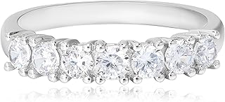 MORGAN & PAIGE .925 Sterling Silver Wedding Bands for Women, Cubic Zirconia Ring Stackable Round 7 Stone Prong Setting - Platinum, Yellow Gold or Rose Gold Plated Wedding Rings for Women Size 6-9