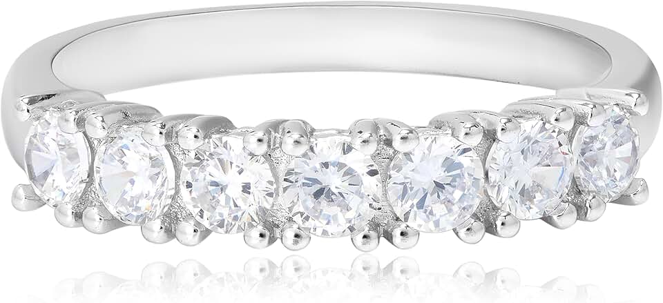 MORGAN & PAIGE 925 Sterling Silver Wedding Bands for Women, Cubic Zirconia Ring Stackable Round 7 Stone Prong Setting - Platinum, Yellow Gold or Rose Gold Plated Wedding Rings for Women Size 6-9