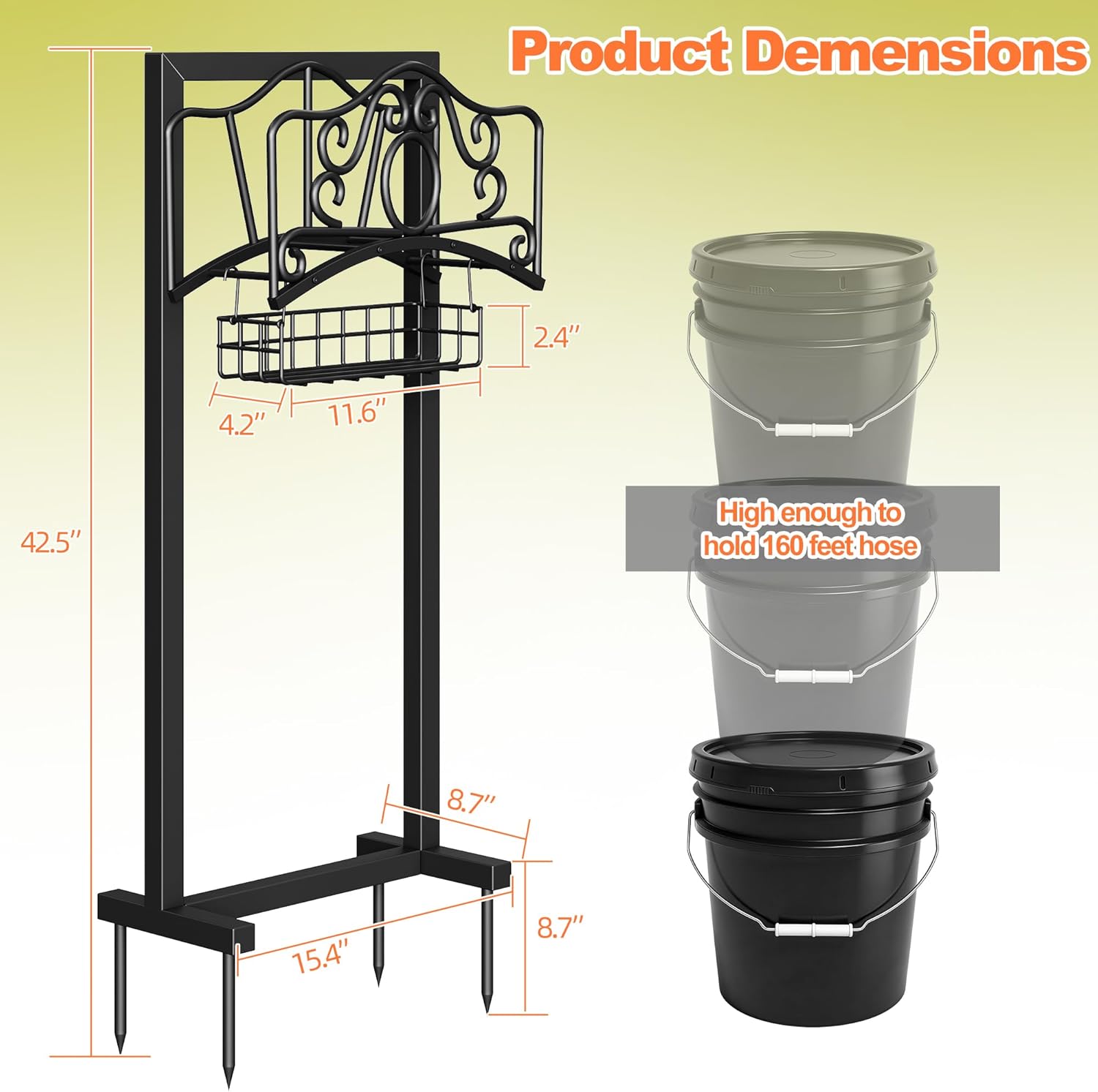 Garden Hose Holder, 2026 Upgraded Heavy Duty Water Hose Holder Stand with Storage Basket Holds 160ft, Freestanding Metal Garden Hose Reel Hanger Organzier Rack for Outdside Yard Lawn Farm, Black
