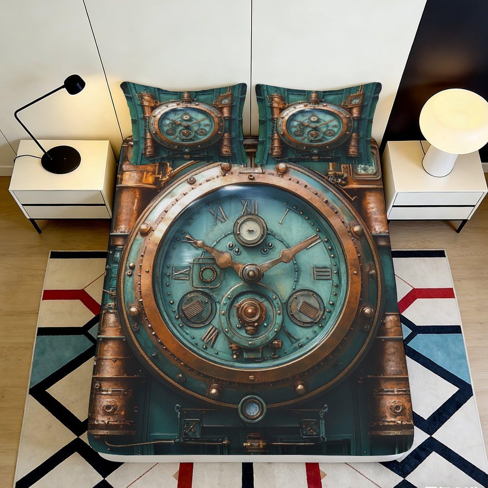Pnayamiorkfel Style-8 3D Printed Steampunk Clock Fitted Sheet Microfiber Brown Blue Mattress Cover For Bedroom Guest Room Protection 90X200x25cm