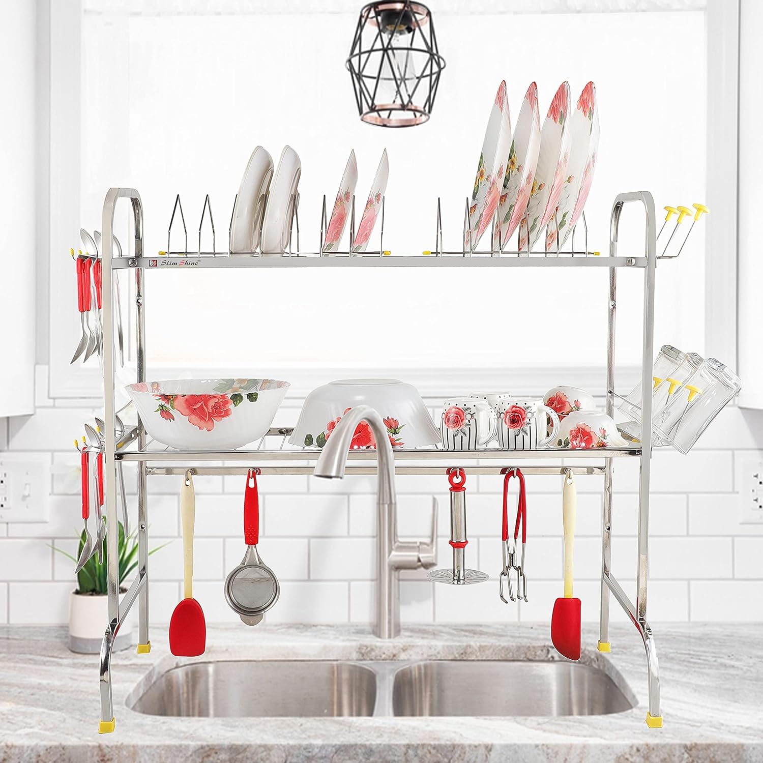 SLIMSHINE Stainless Steel Over The Sink Dish Drying Rack | 2-Tier Utensil Holder for Kitchen | Counter Top Sink Standing Shelf for Organize Kitchen (29 X 29) INCH-image-33