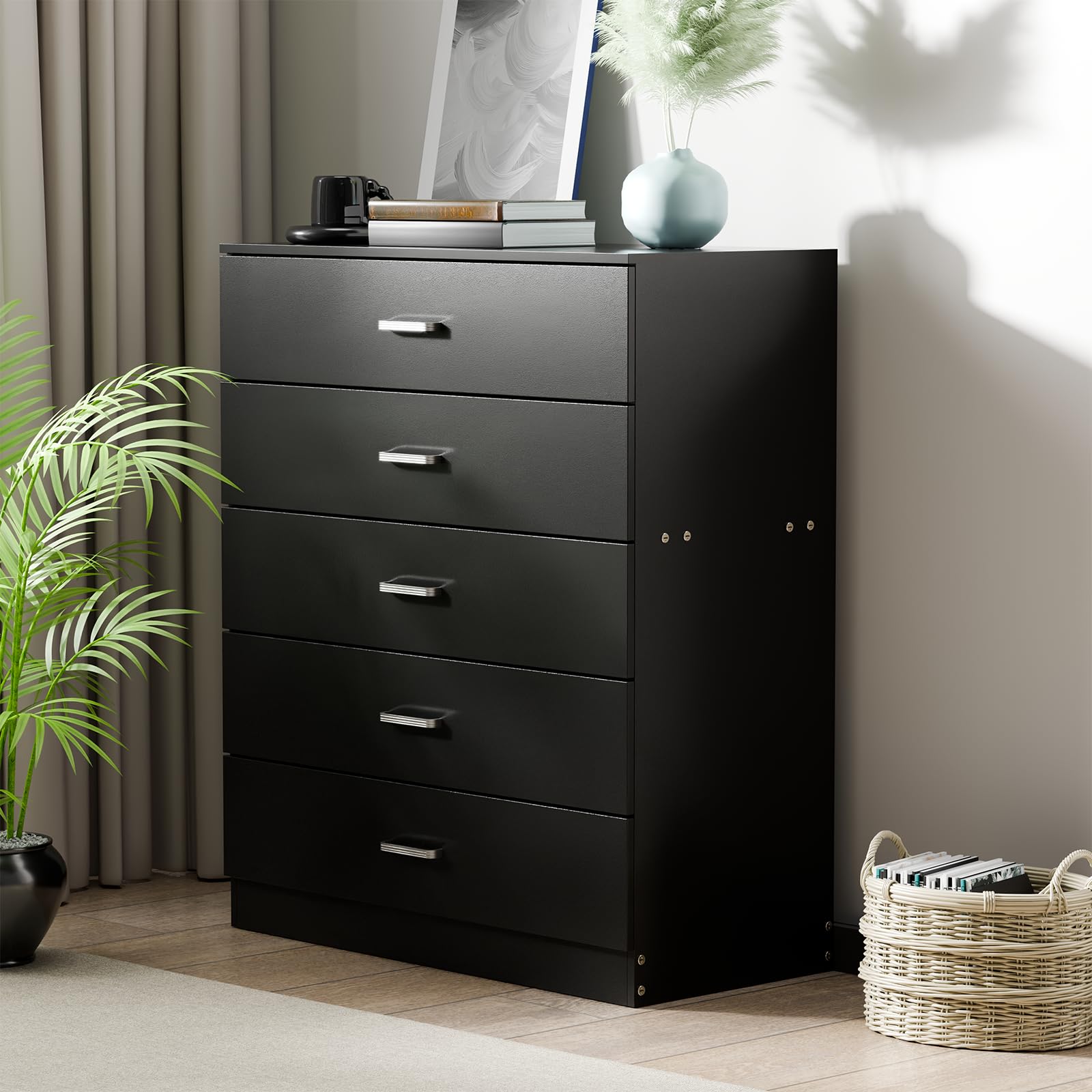 SELORSS Chest of Drawers, 5 Drawer With Metal Handles and Runners, Anti-Bowing Drawer Support, Floor Standing Narrow Storage Cupboard Organiser Unit for Any Room (75 * 36 * 90cm,Black)