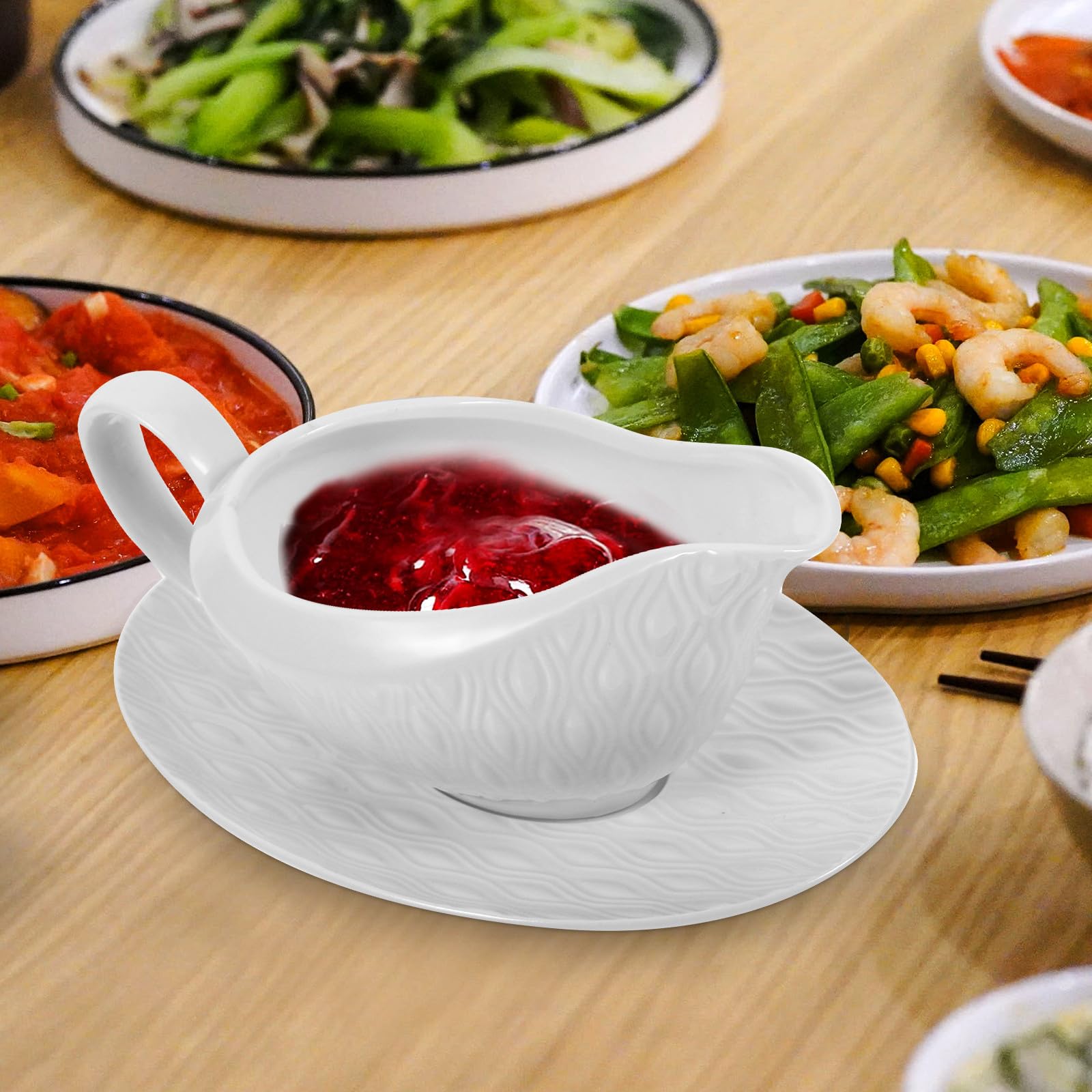 Keramik Saucenkrug mit Henkel Weißer Sauciere mit Untertasse Spülmaschinenfest Vielseitig für Soßen Dressings Milch für Bbq Familienfeiern Picknick und Teeparty