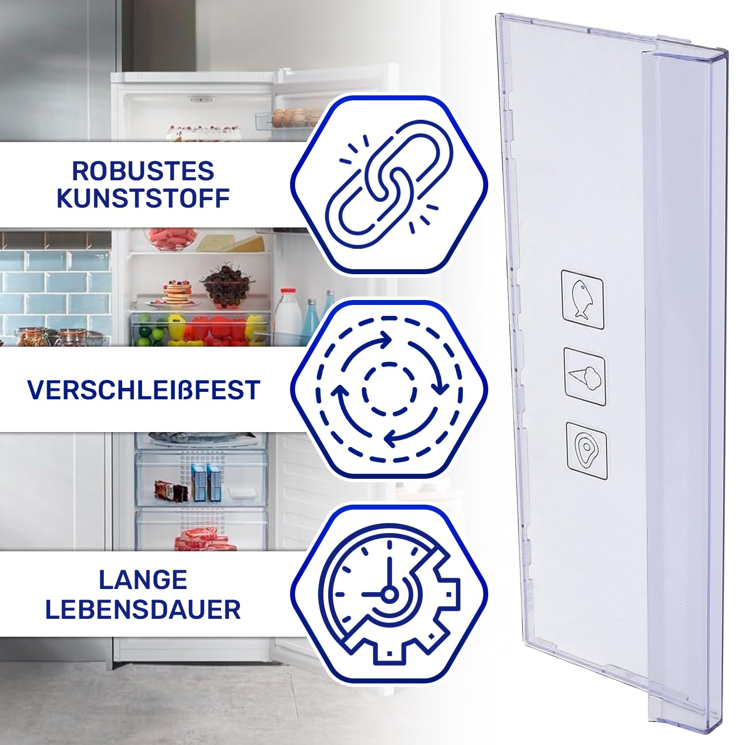 Schubladenfrontplatte Gefrierschrank Kühlschrank 402x150x36 mm mit Original Code 4638250500 4640640200 für Beko für Arçelik C00864528 C00864952 für Whirlpool für Indesit - Garantie 10 Jahre - MONTERAL