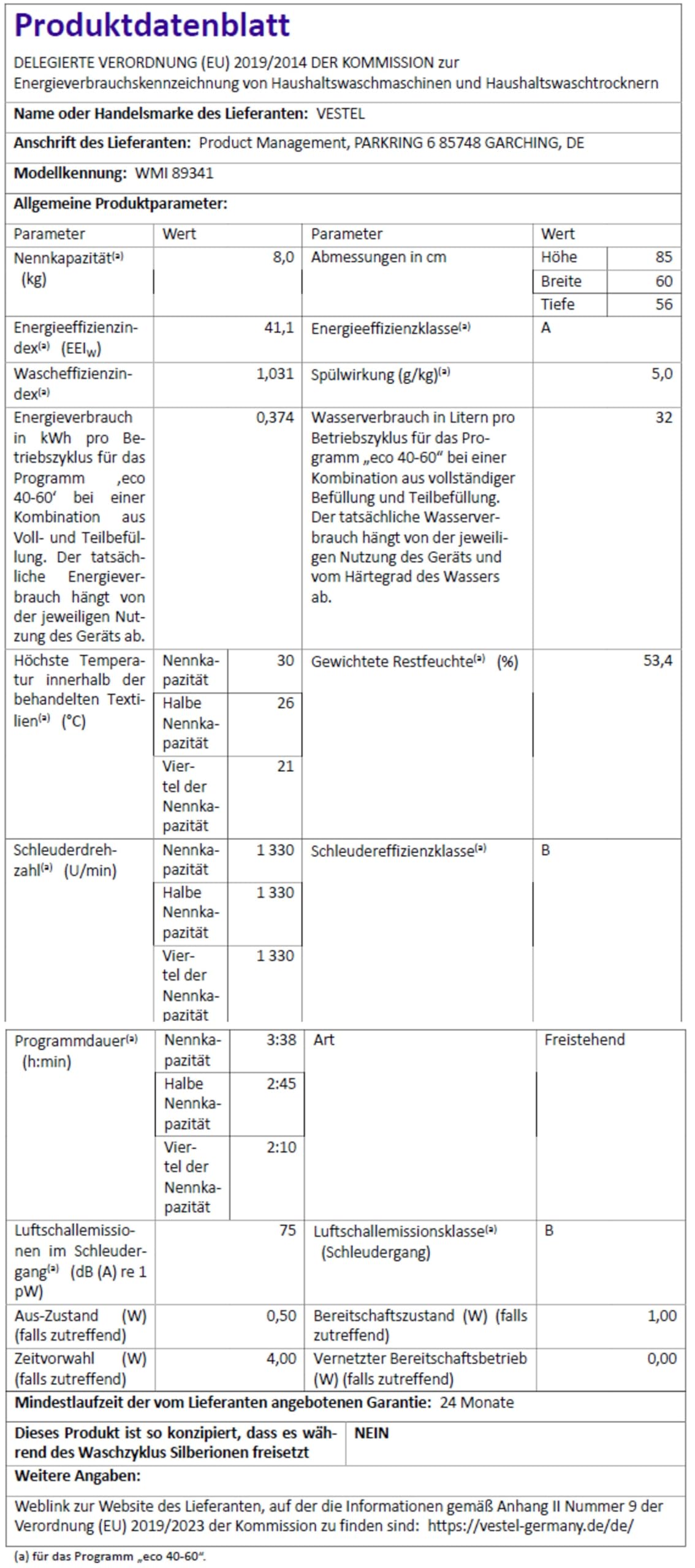 VESTEL WMI 89341 Waschmaschine 8 kg Frontlader – 1400 U/min, Inverter-Motor, Dampffunktion, AquaStop, leise, energieeffizient, unterbaufähig, Weiß