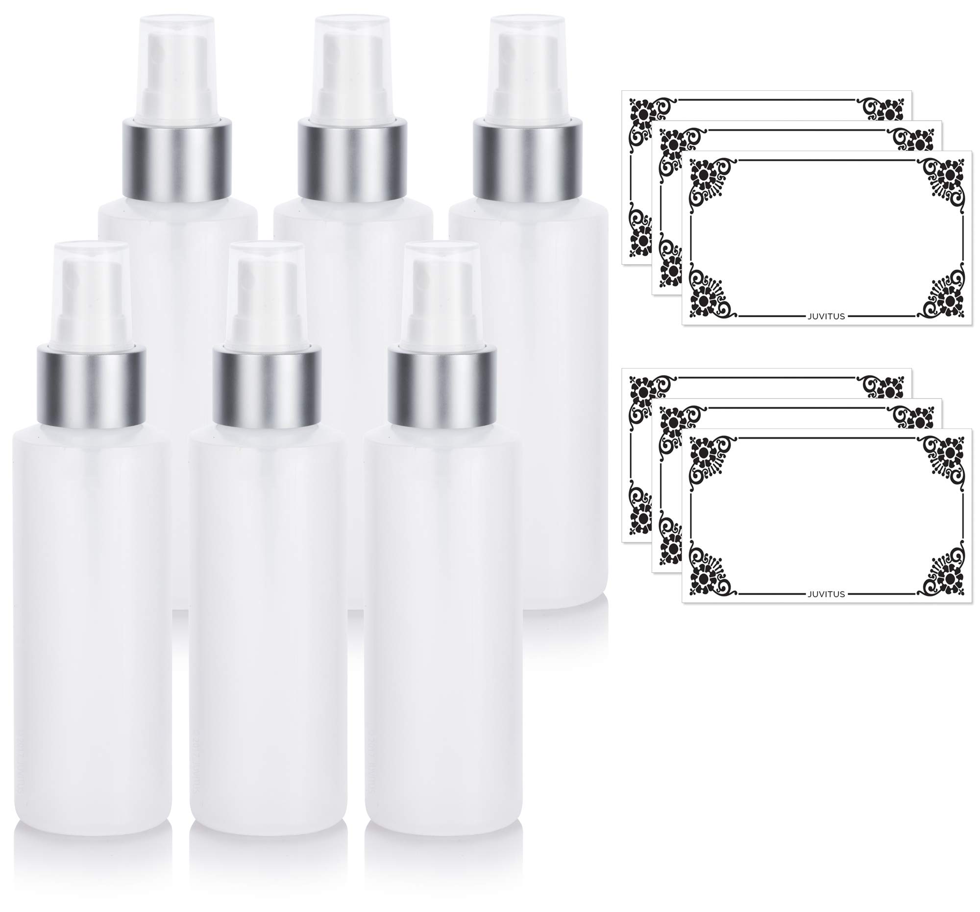 JUVITUS 4 oz Clear Natural Plastic Squeeze Bottle with Silver Fine Mist Sprayer (6 pack) + Labels