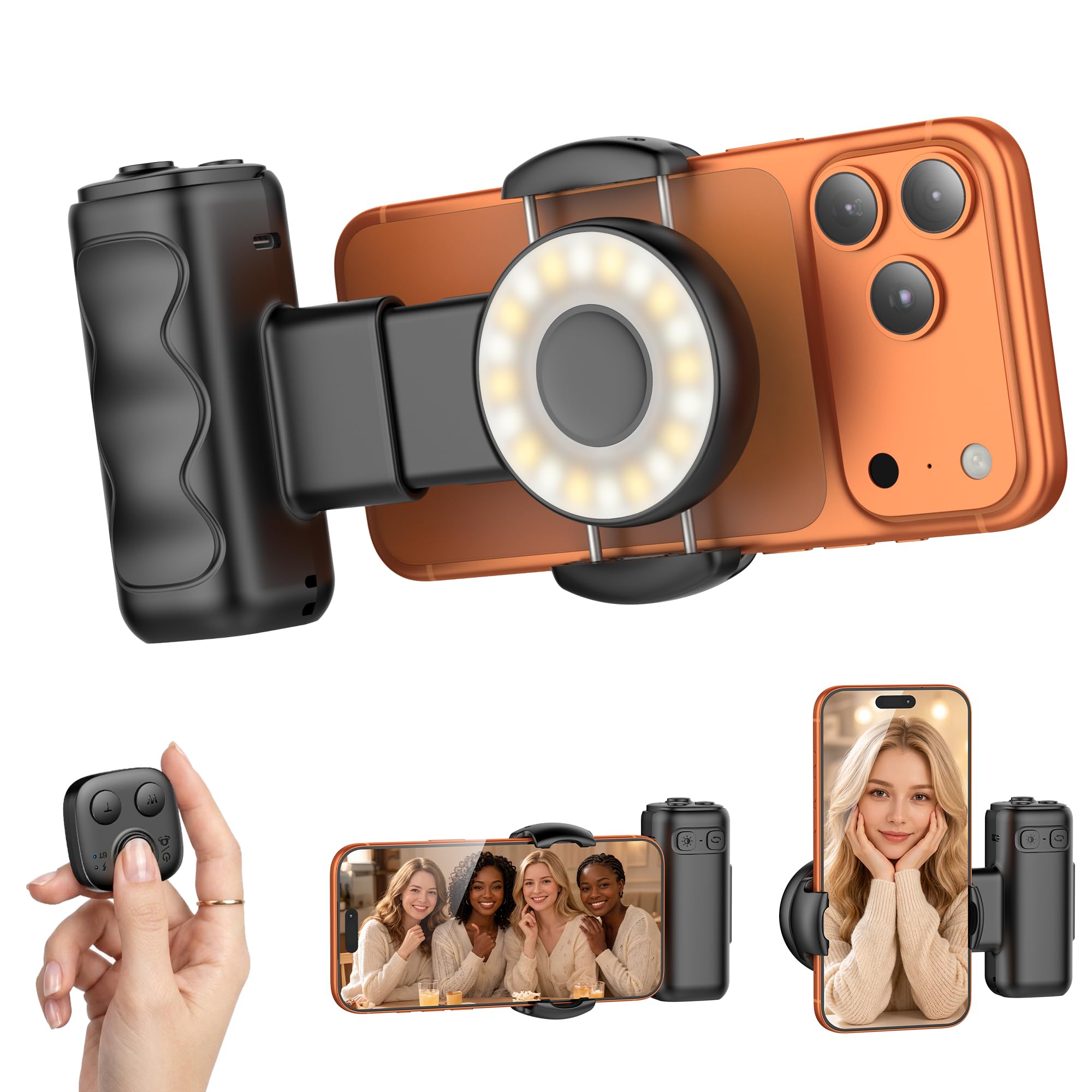 Foluu Agarre de cámara de mano para smartphone con luz de relleno LED, soporte de clip giratorio de 90°, obturador remoto BT, soporte listo para trípode para selfies, vlogging