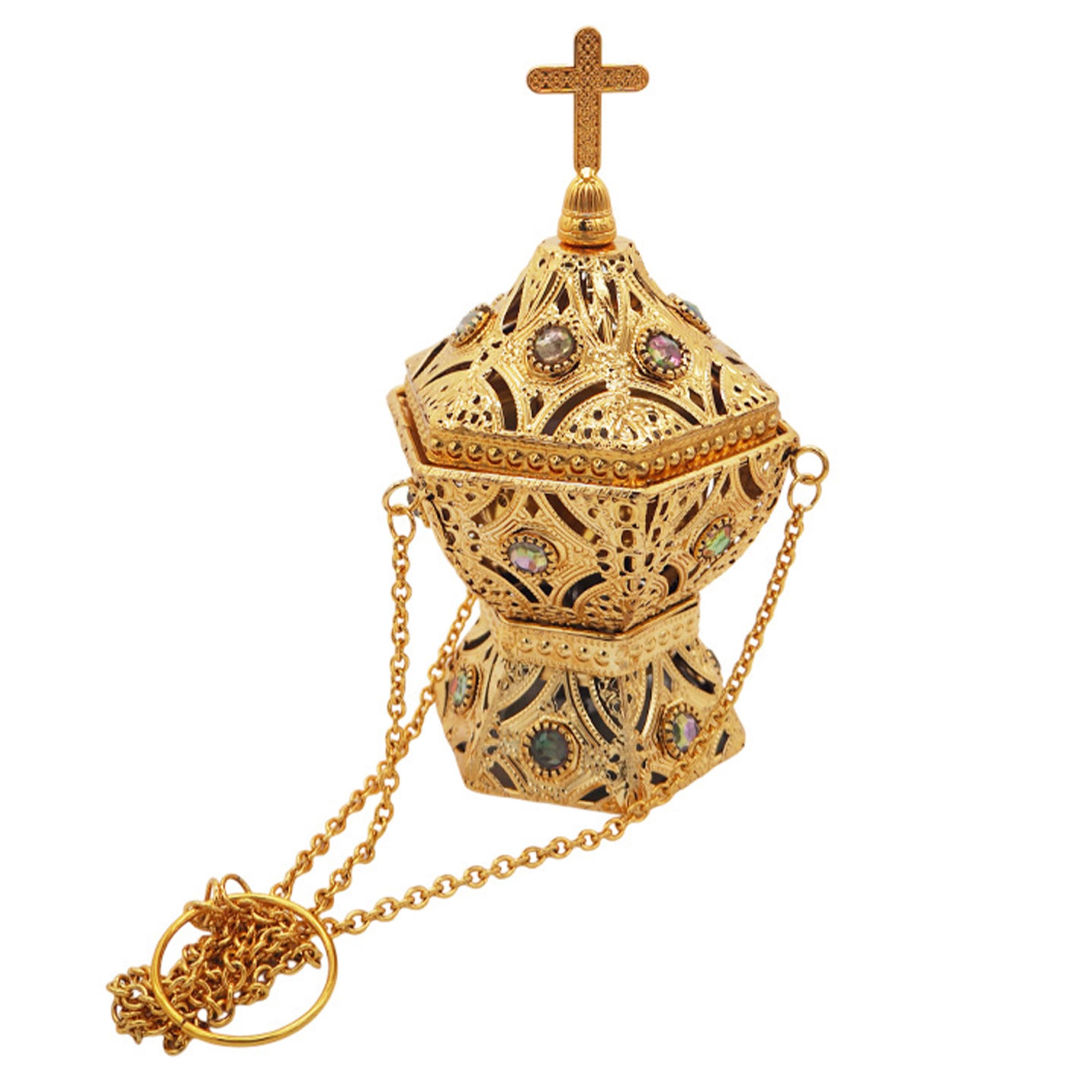 Vervevum Hanging Incense Burner, Orthodox Metal Censer With 3d Carved Cross & Color Accents, Gold, Hanging Incense Burner