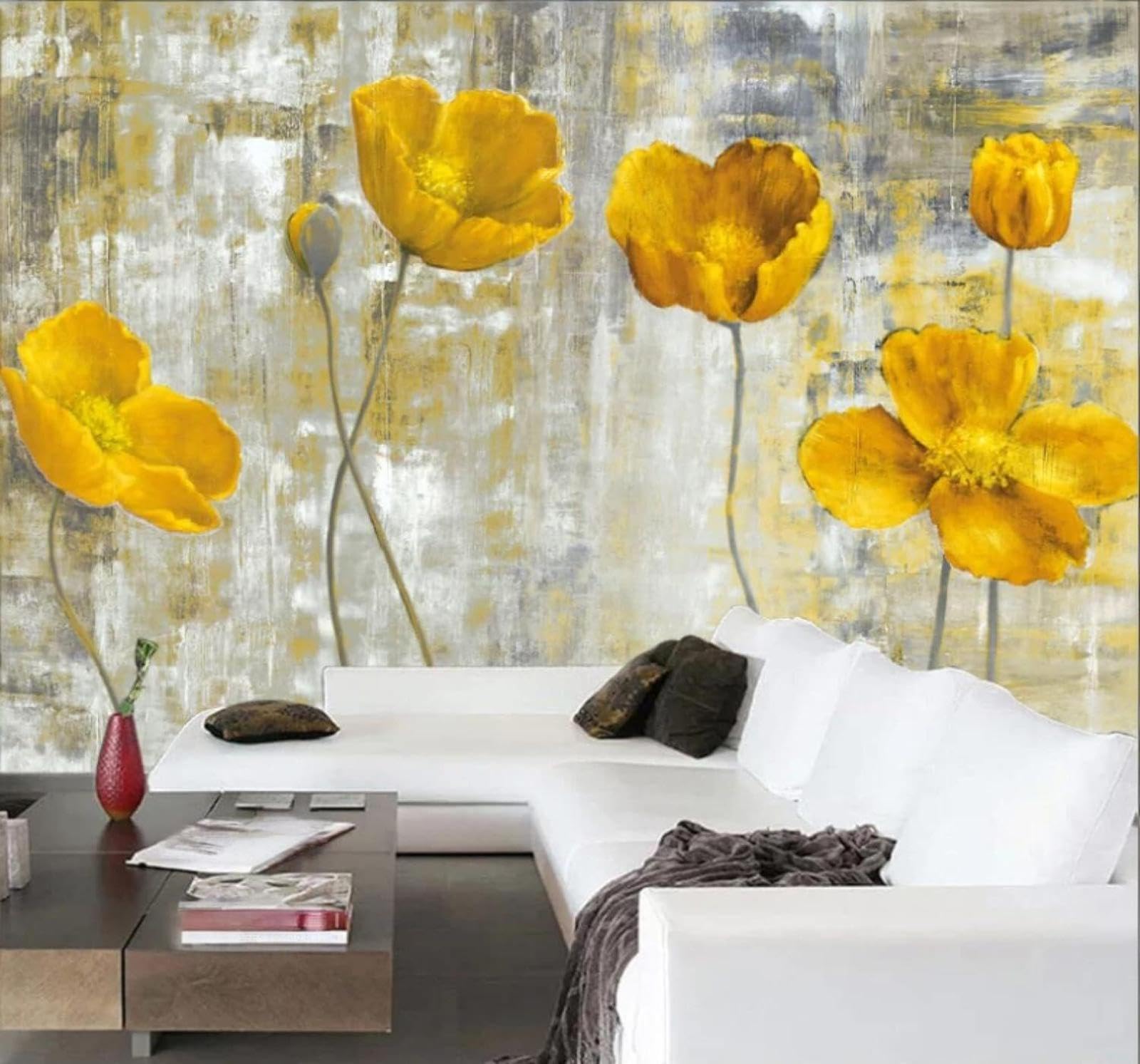 XLMING Retro Three Dimensional Minimalist Yellow Flowers 3D Wallpaper Luxury Silk Study Dining Feature Sofa Grey Bedroom Living Room Tv Decorative Wall-200cm×140cm