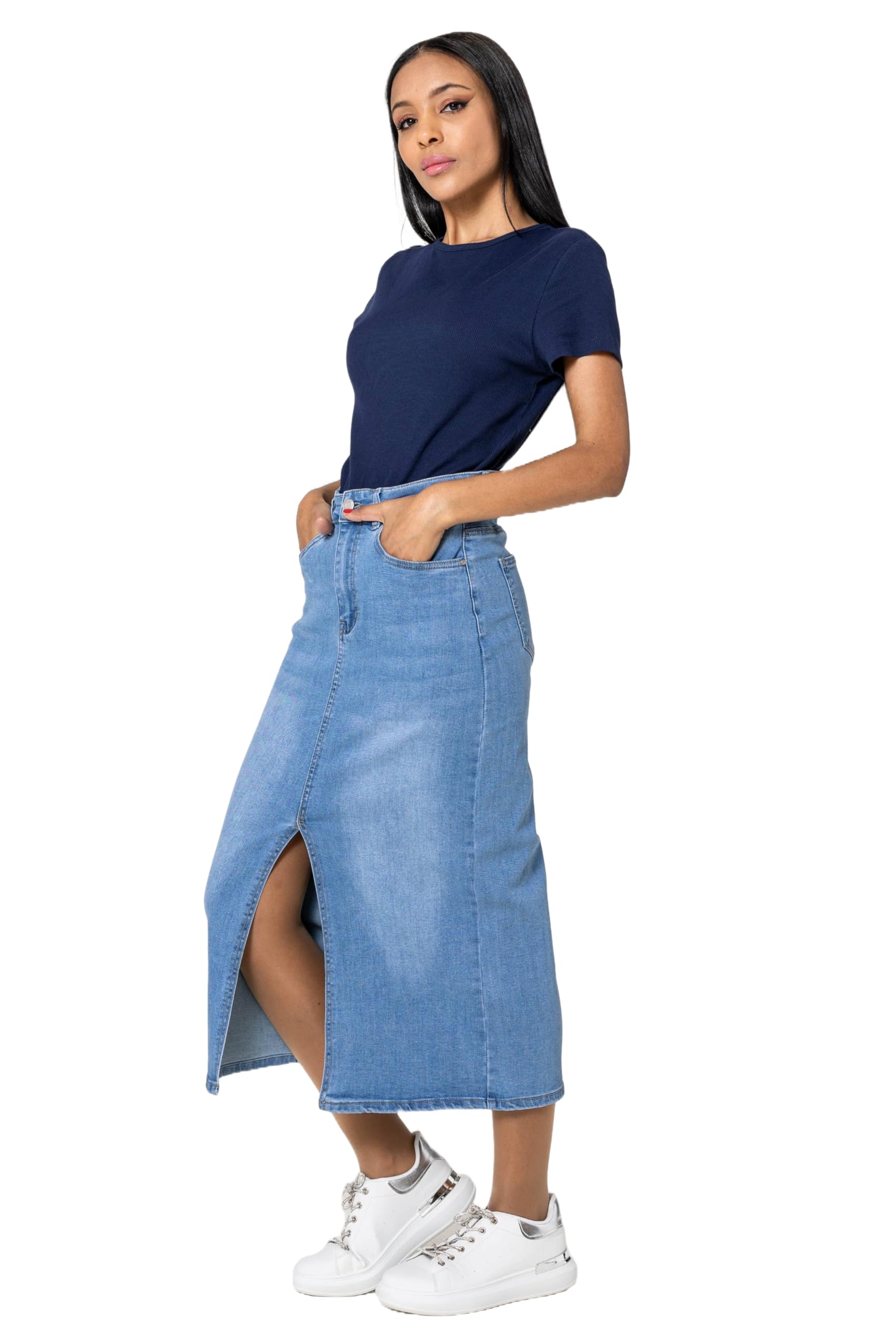 Nina Carter P215 Jupe en jean pour femme - Taille haute - Longueur mollet - Avec fente avant - Jupe longue - Fermeture éclair - Stretch - Look usé