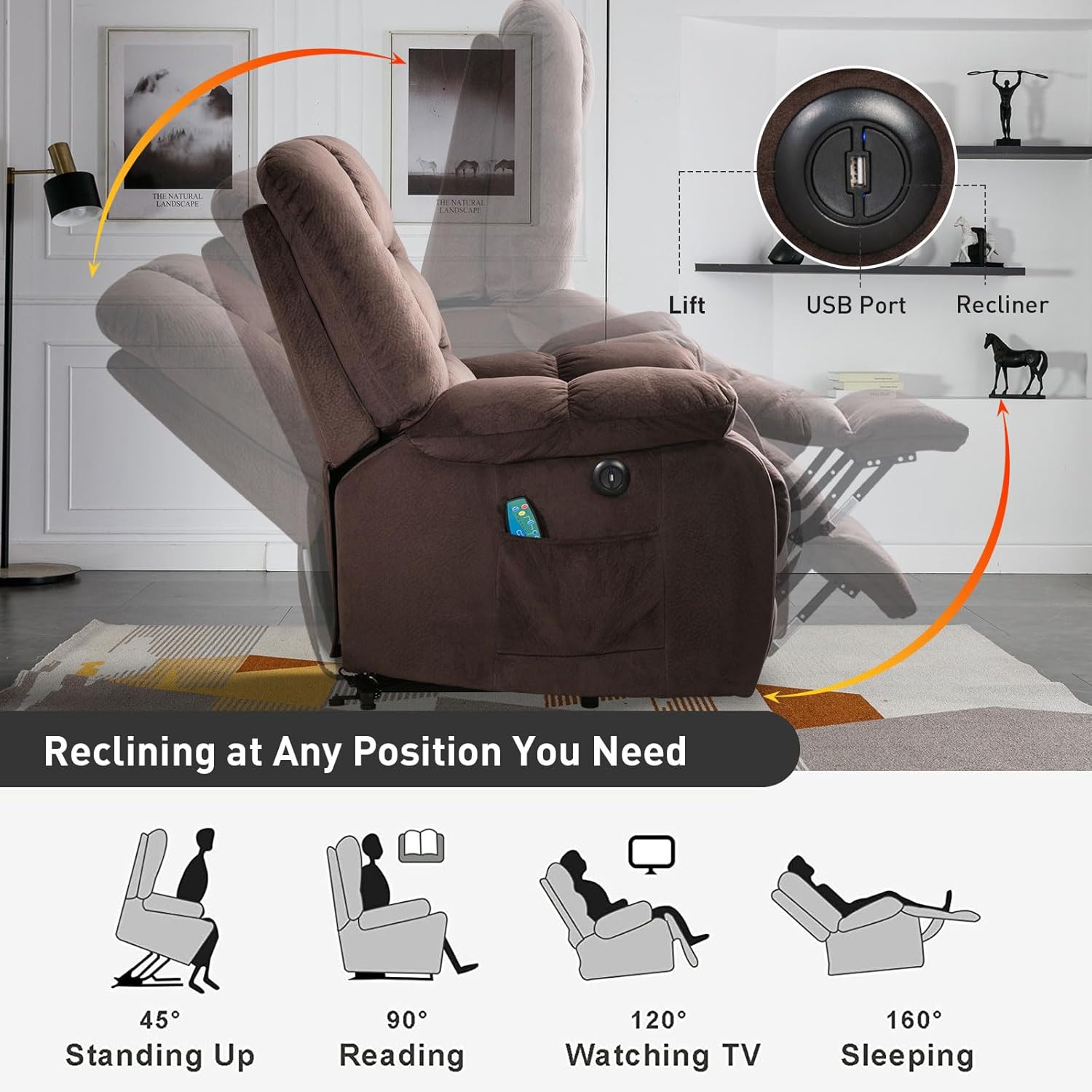 Illustrations of the Phoenix Home Power Lift Recliner in various positions, including standing assist, reading, watching TV, and sleeping, along with the USB charging port.