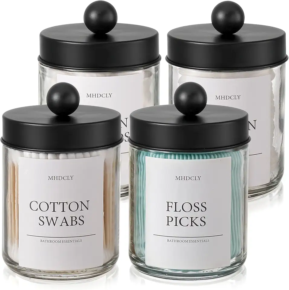 Bathroom Organizers and Storage,4 Pack Bathroom Accessories,Bathroom Decor,Home Decor,Bathroom Storage and Organization,Qtip Holder for Room Decor Aesthetic (Black lids)