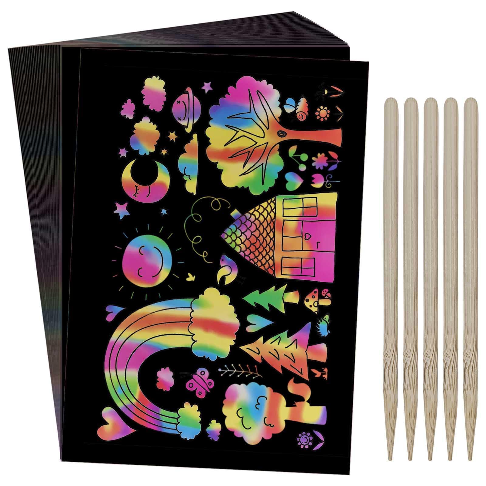 KIPTVO 50PCS Scratch Art, Rainbow Scratch Paper Black Doodle Pads, Rainbow Scratch Notes, Scratch Art Paper, Scratch Painting Paper Paper Set, for Christmas, Thanksgiving