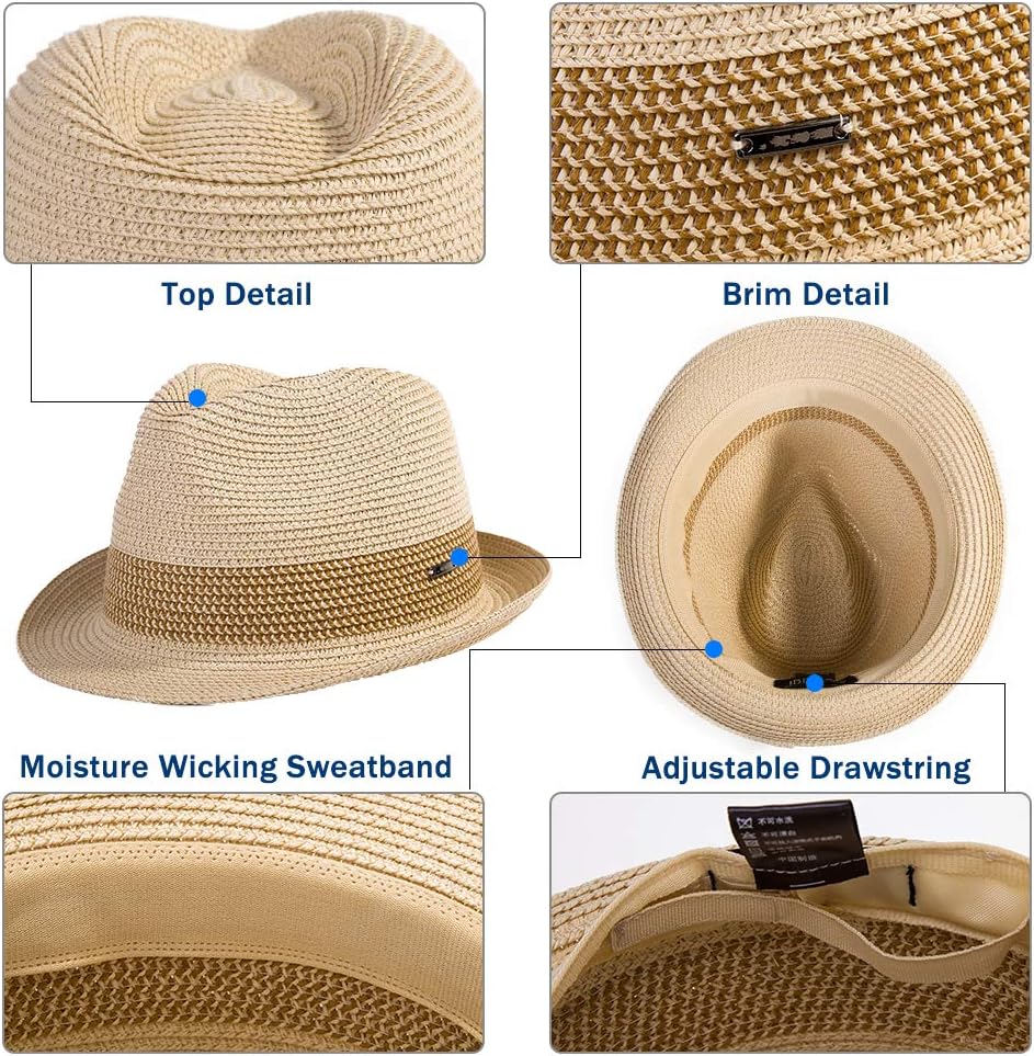Fancet Packable Straw Fedora Panama Sun Summer Beach Hat Cuban Trilby Men Women 56-67cm - Image 3