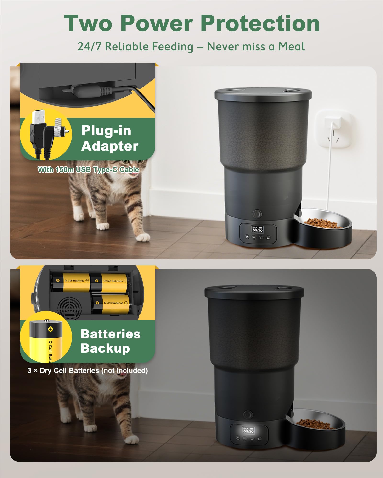 Gimars 5L/20 Cups Automatic Cat Feeder, Programmable 1-6 Meals Cat Food Dispenser with Stainless Steel Bowl, Easy Setup, Dual Power Supply,10s Meal Call Timed Pet Feeder for Cats and Small Dogs - image 8