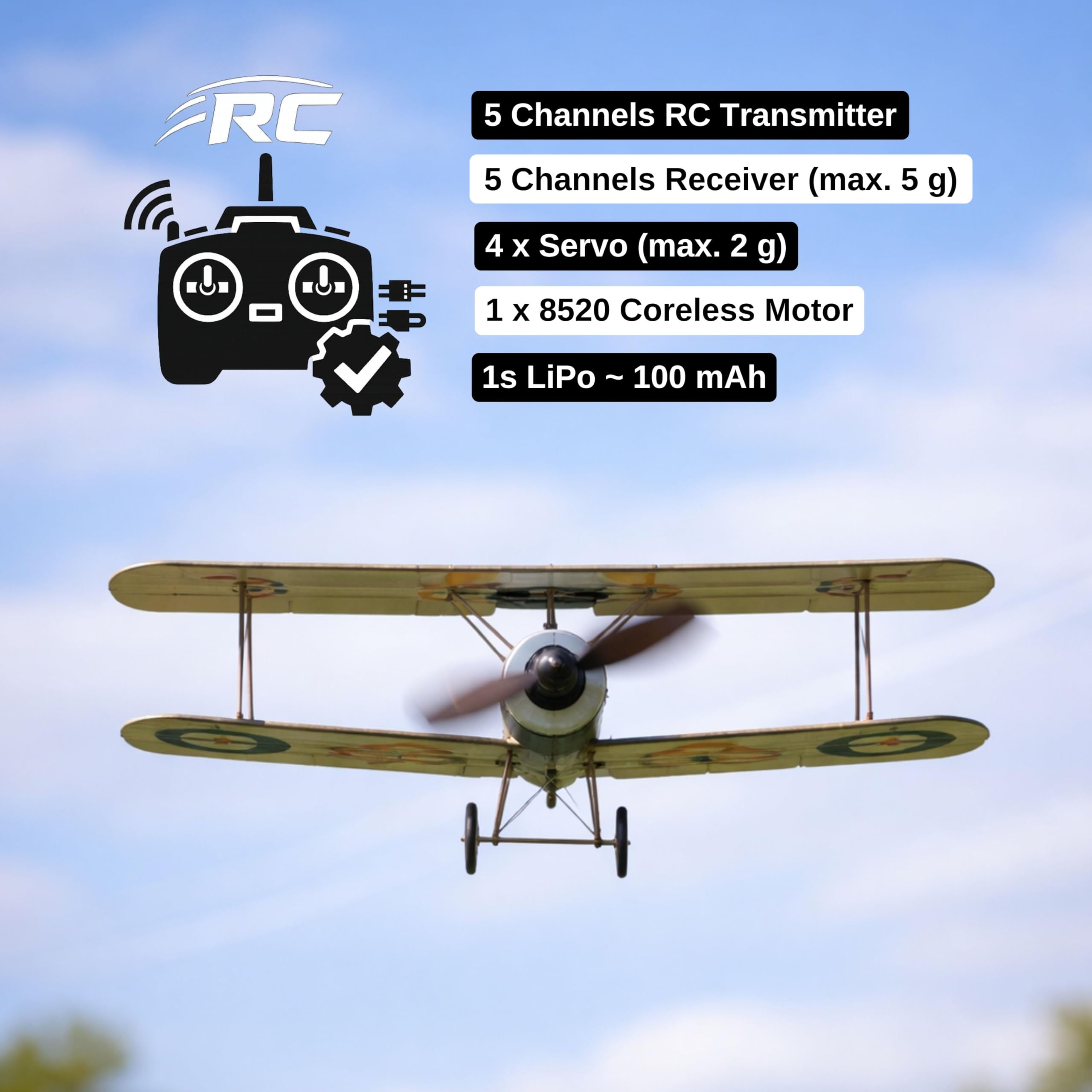 Sopwith Camel Slow Flyer Modellflugzeug Kit, Maßstab 1:20, 380 mm Spannweite, RC Flugzeugmodell Baukasten, Holzflugzeug zum selbst Bauen, gelaserte Balsa Holz Bauteile, 380 x 240 x 128 mm, 45 g RTF