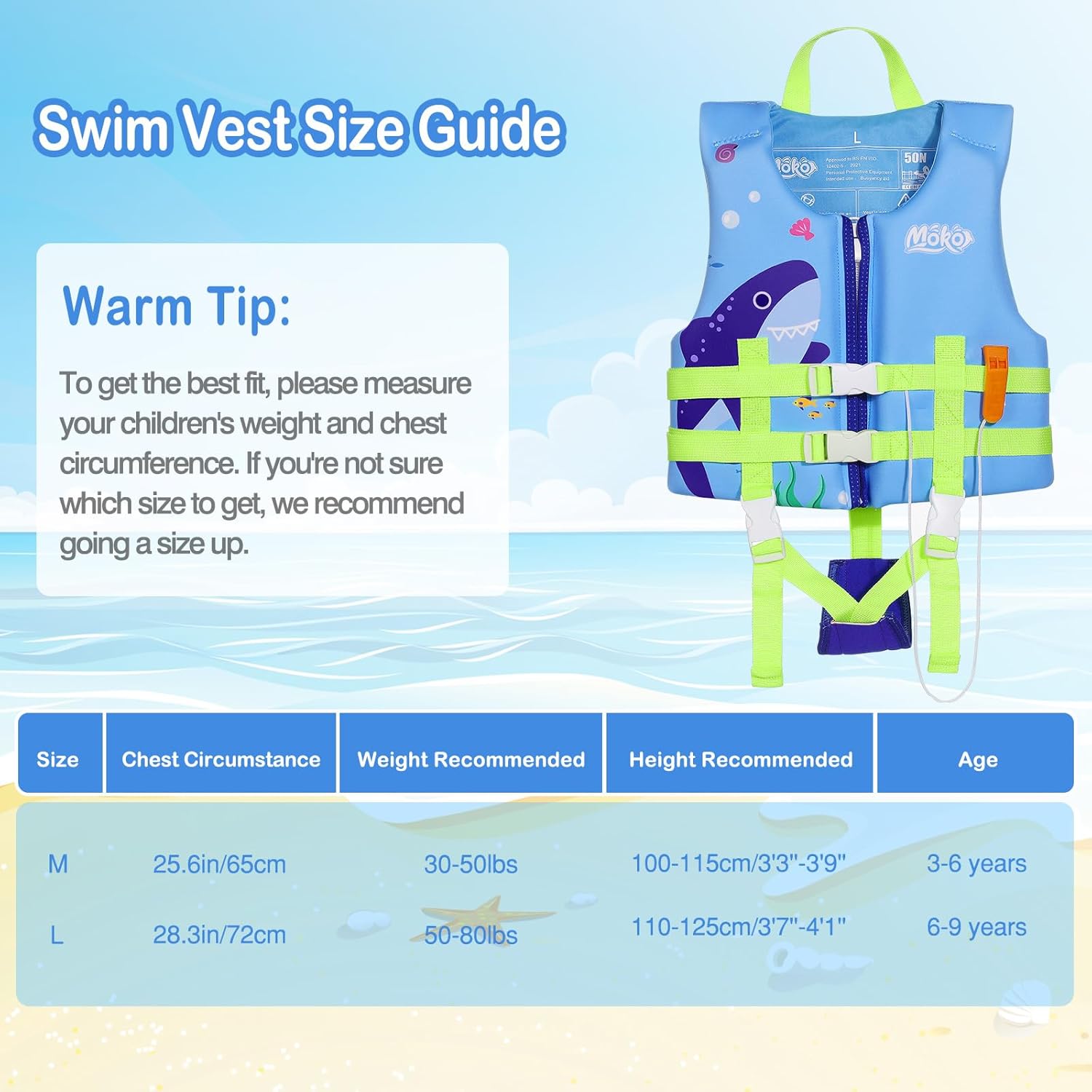MoKo Swimming Vest for Kids 20-30-50-77 lbs, Children Swim Vests Water Activity Equipment Cute Pattern Watersports Swimming Device for Toddlers Boys Girls