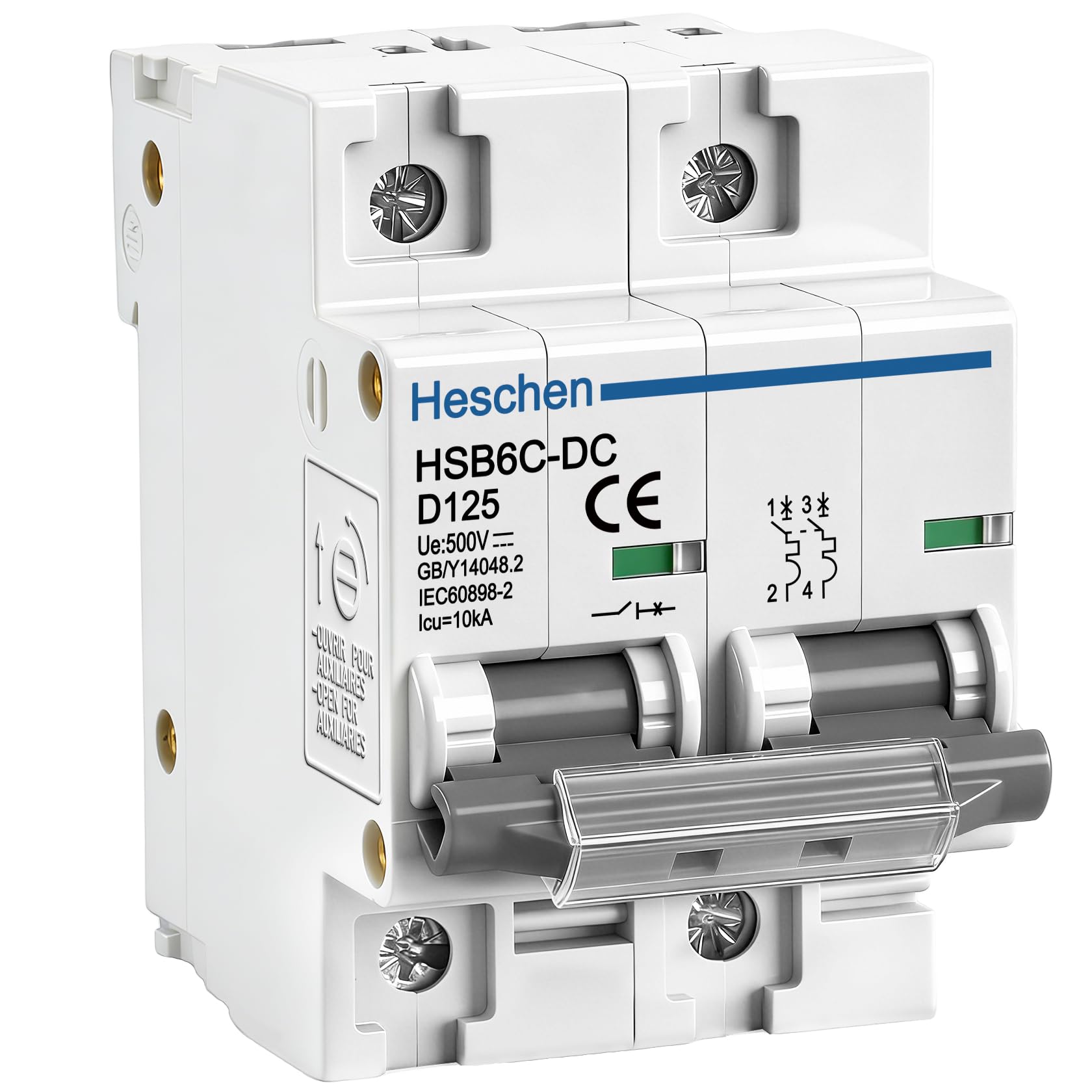 Heschen Interruptor de circuito en miniatura CC, HSB6C-DC, 2 polos, DC500V 125A, disyuntor fotovoltaico, para sistema solar fotovoltaico, sistema de rejilla de paneles solares, montaje en riel DIN de