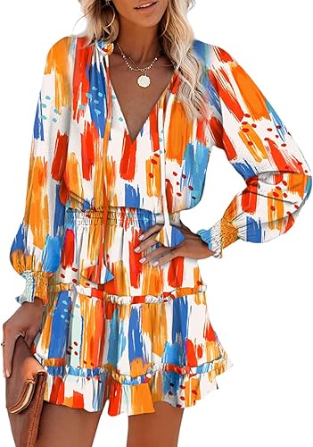 Dokotoo - Vestidos de verano para mujer, bohemio, floral, con cordón ajustable, cuello en V, manga larga, con fruncido, volantes, escalonado, de