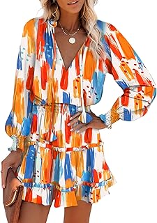 Fall Dresses for Women 2025 Boho Floral Drawstring V Neck Smocked Long Sleeve Ruffle Tiered Chiffon Mini Dress