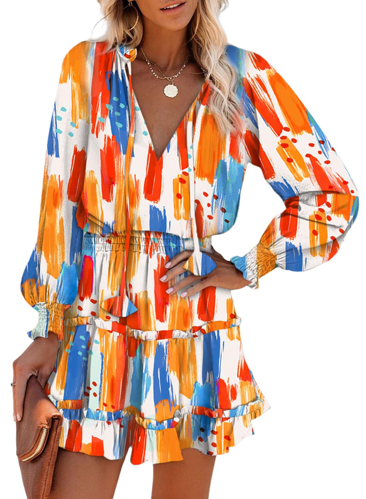 Dokotoo Fall Dresses for Women 2025 Boho Floral Drawstring V Neck Smocked Long Sleeve Ruffle Tiered Chiffon Mini Dress