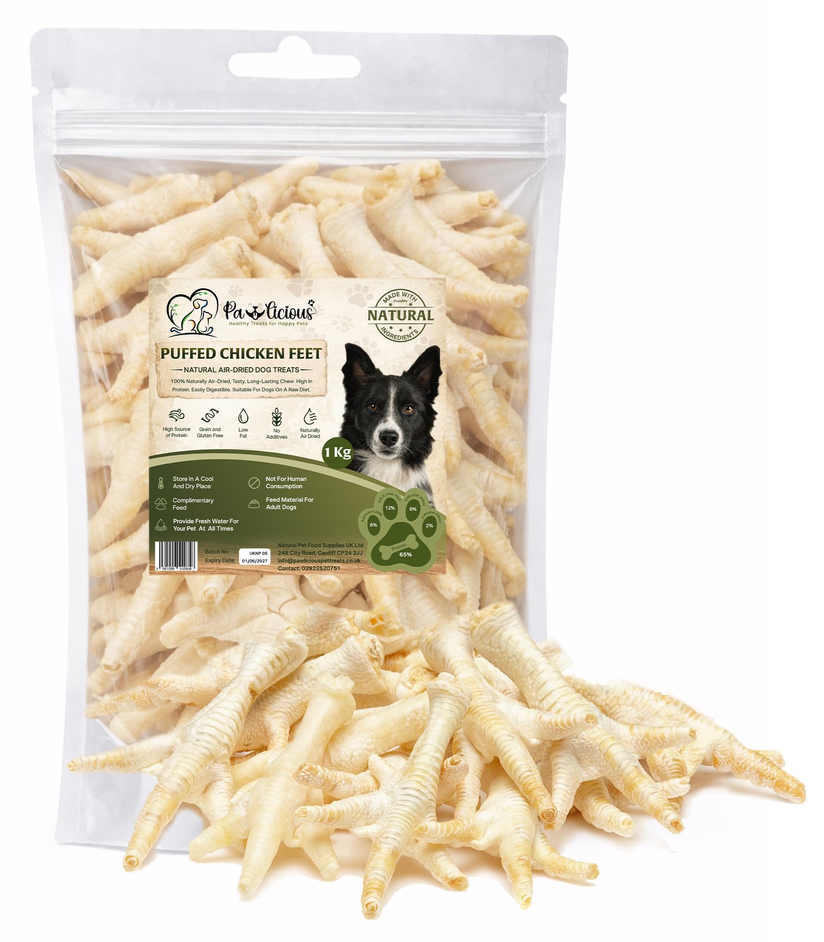 PAWLICIOUS Puffed Chicken Feet for Dogs 1kg, 100% Natural Air Dried, Grain Free Hypoallergenic Dental Chew, Single Ingredient High Protein Dog Treat, All Life Stages