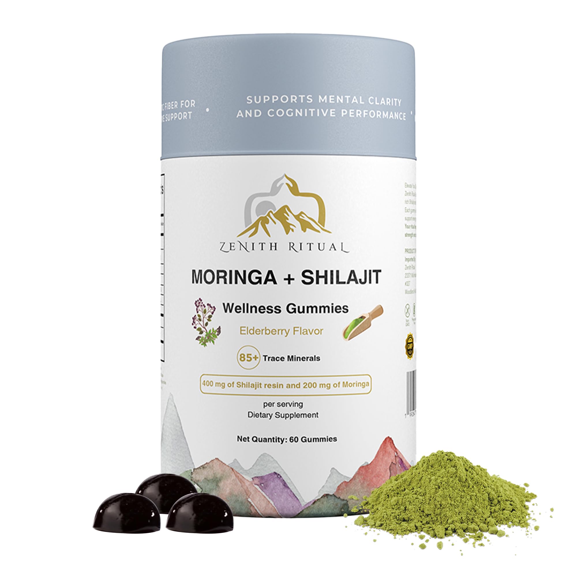 Shilajit and Moringa Gummies Elderberry Flavor – Boost Energy, Focus &amp; Vitality – 75% Fulvic Acid – 100% Vegan, Gluten-Free, No Added Sugar – 60 Gummies