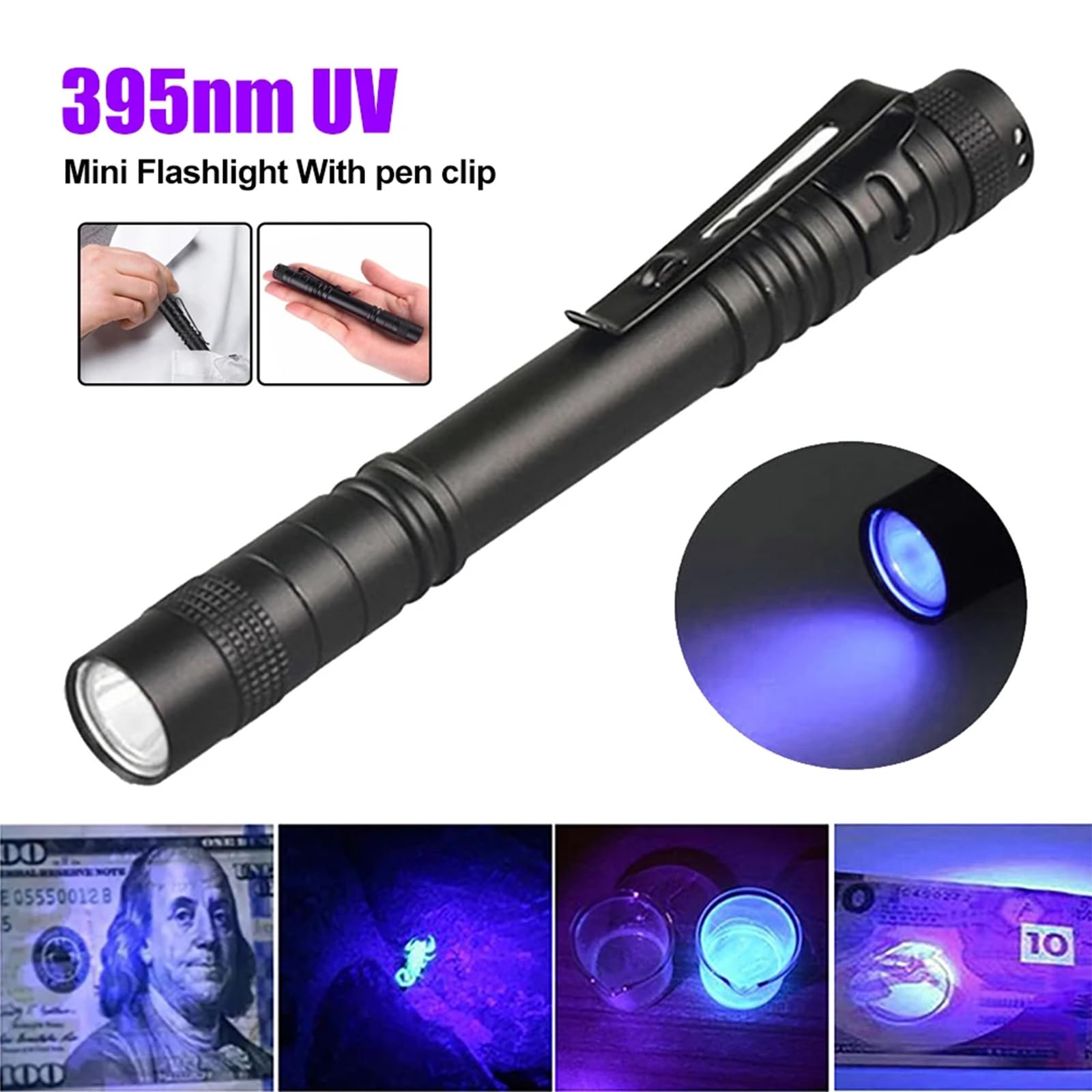 MODOAO Lot De 4 Mini Lampes De Poche à Lumière Noire UV 395 Nm - Lampe De Poche Compacte - Détecteur De Fuite D'urine D'animaux Domestiques, Punaises De Lit, Scorpion, Inspection D'hôtel